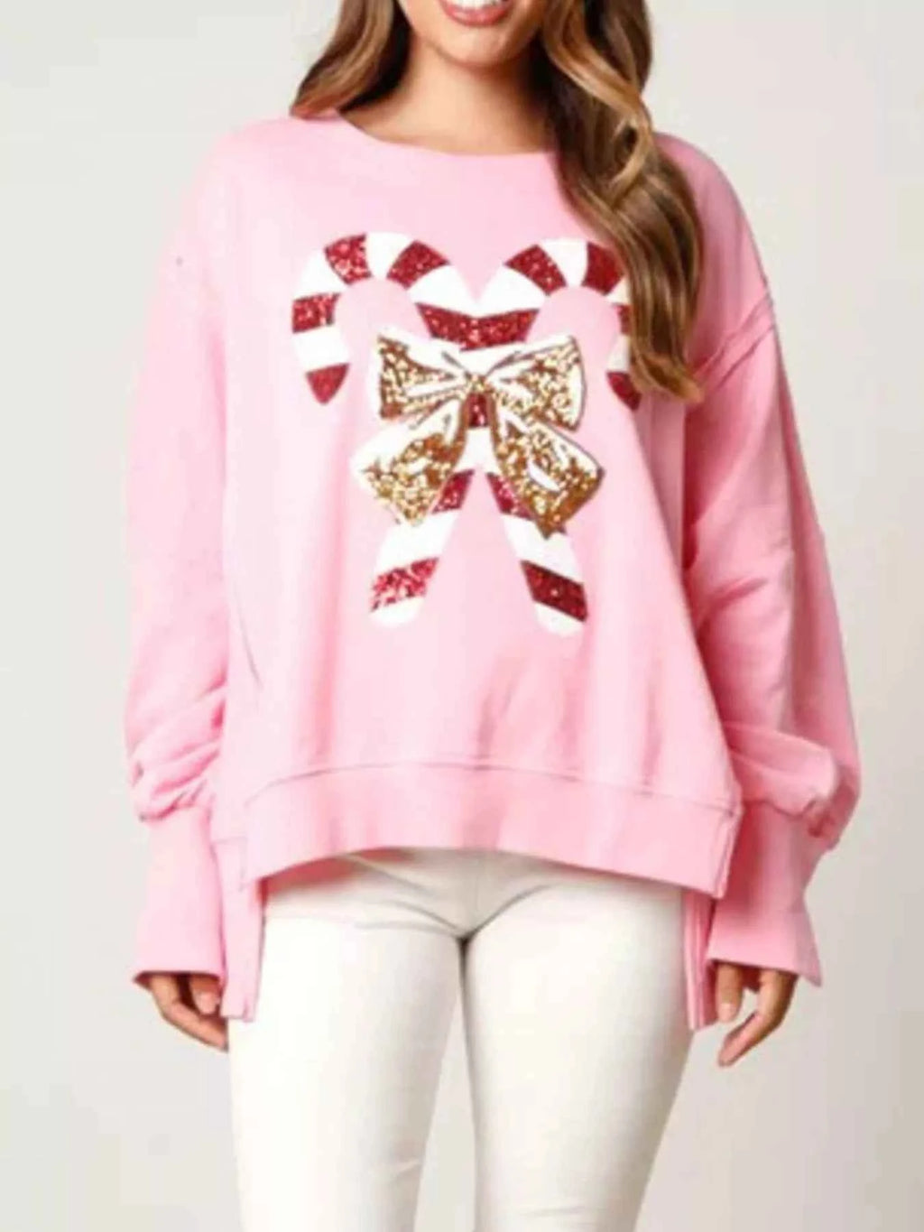 Christmas Candy Cane Bow Dropped Shoulder Sweatshirt 6f03a43a-b705-4ecc-8005-b28b18afb4bb-Max-Origin