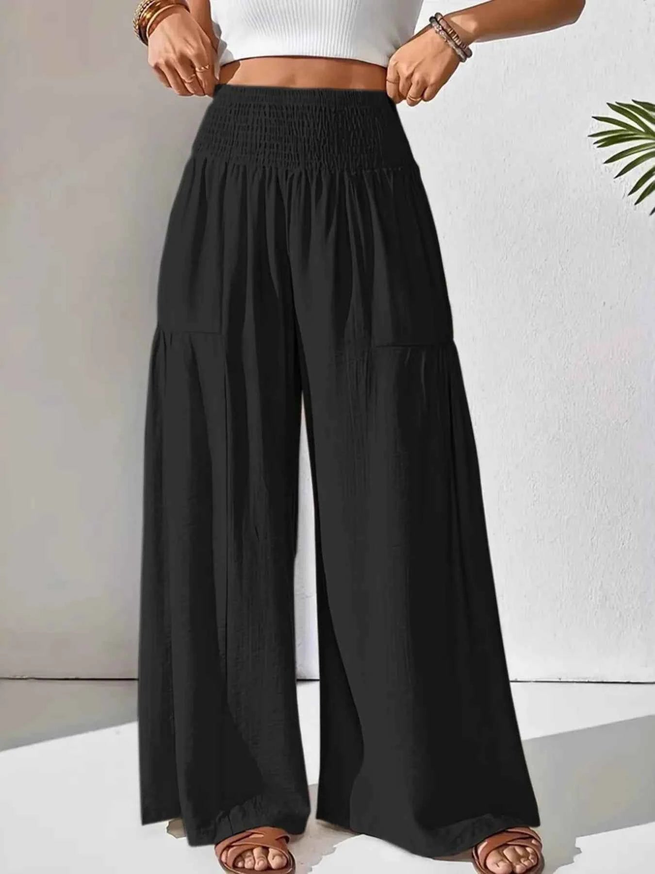 Smocked Waist Wide Leg Pants 6f2566f982a14490930830dabb666fcb-Max-Origin