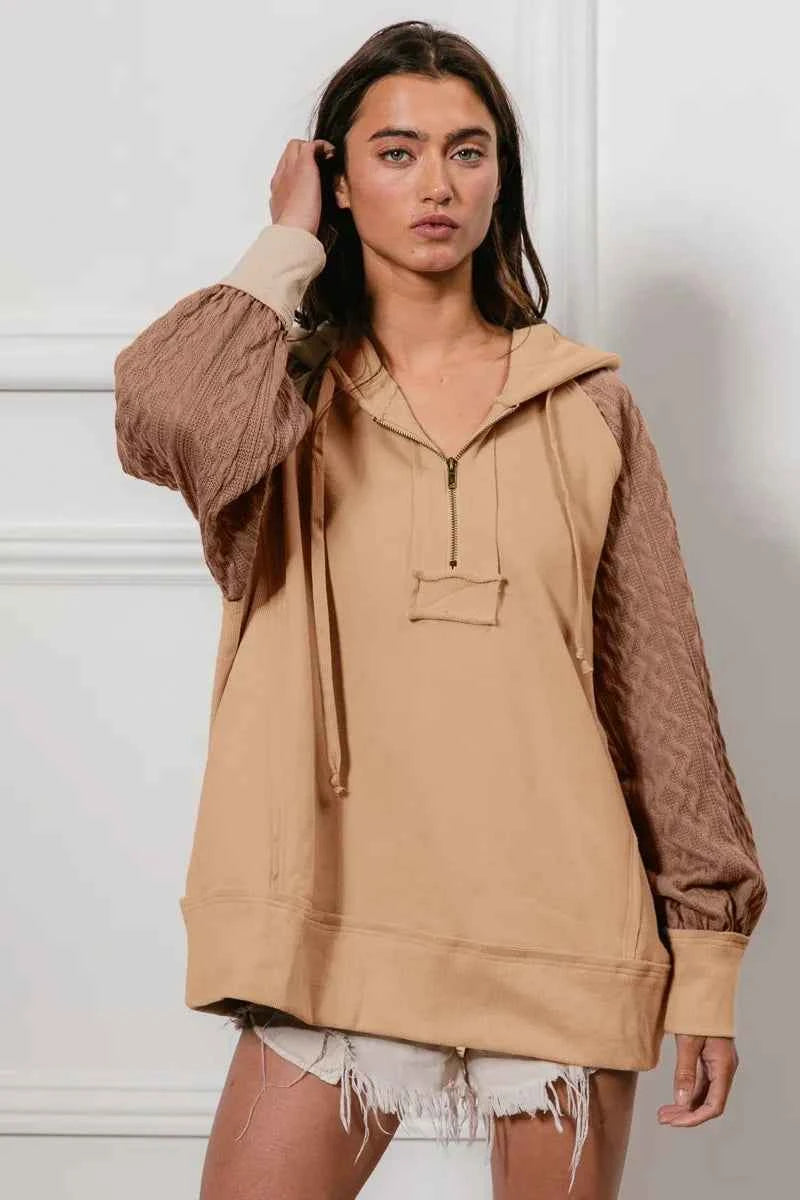 BiBi Half Zip French Terry Hoodie with Kint Sleeves TAUPE 6f28d373f2514188b0372e7fc4341676-Max-Origin
