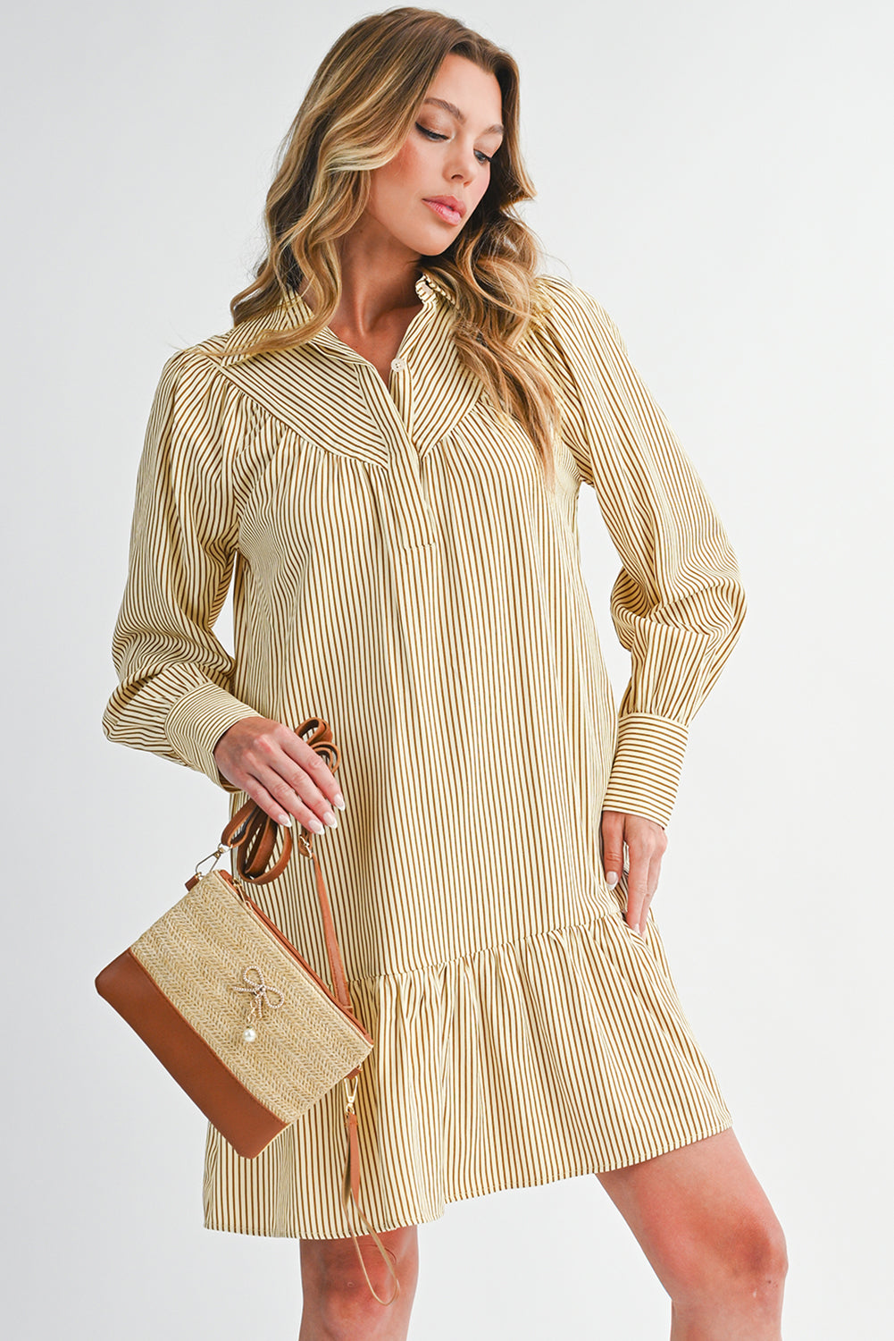 Brown Striped Shirt Collar Ruffle Hem Long Sleeve Dress 6f39aa12b3f0d8b7