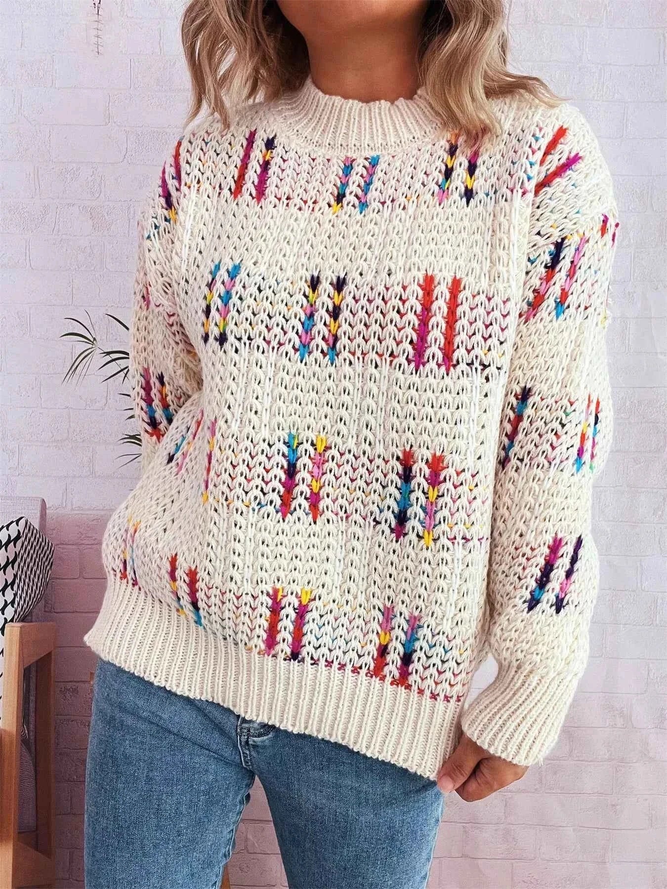 Colorful Round Neck Long Sleeve Sweater White One Size 6f42c72d62f744c094a79234e1c67946-Max-Origin