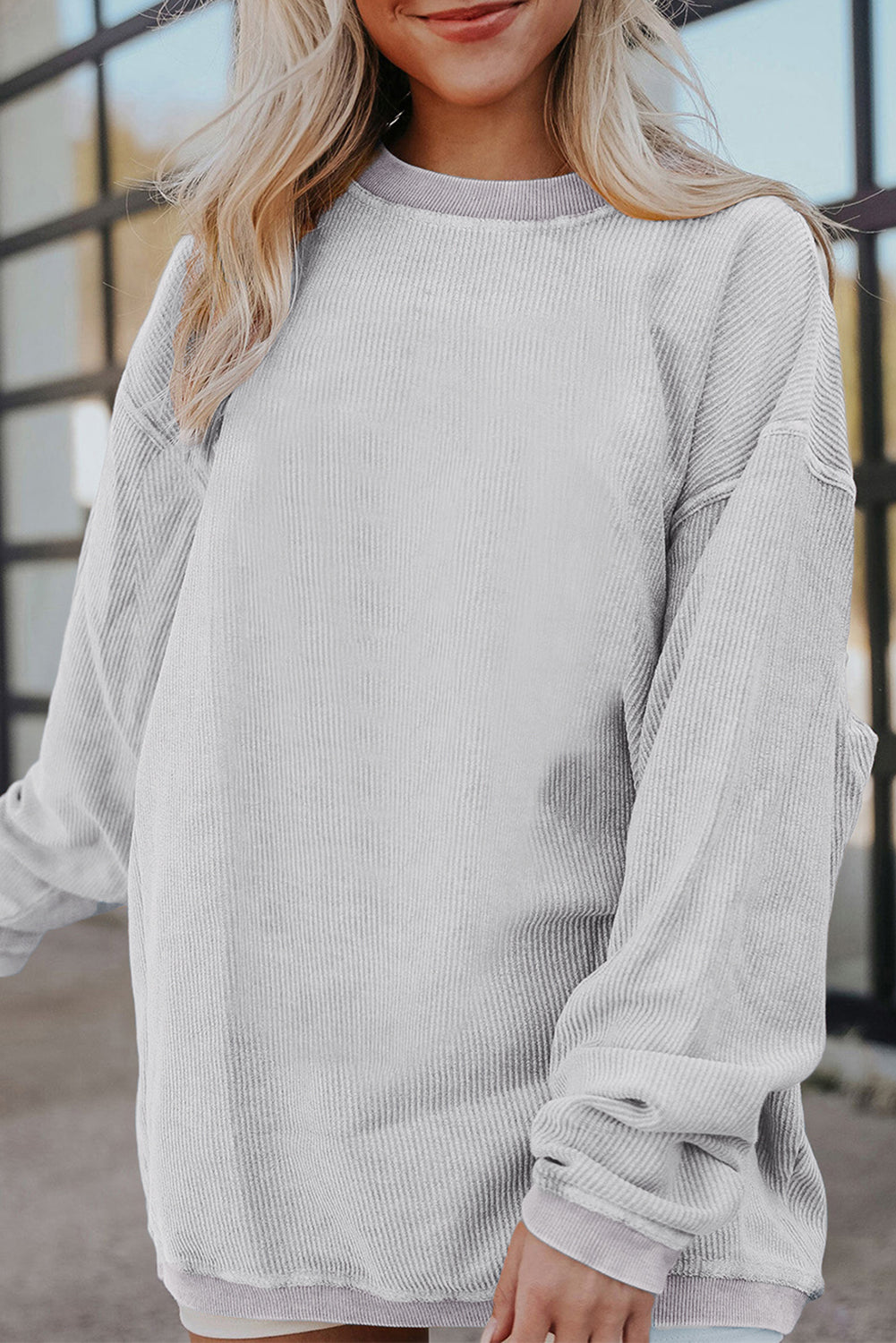 White Drop Shoulder Rib Knit Oversized Sweatshirt Light Grey 100%Polyester 6f4701d03fecea4a