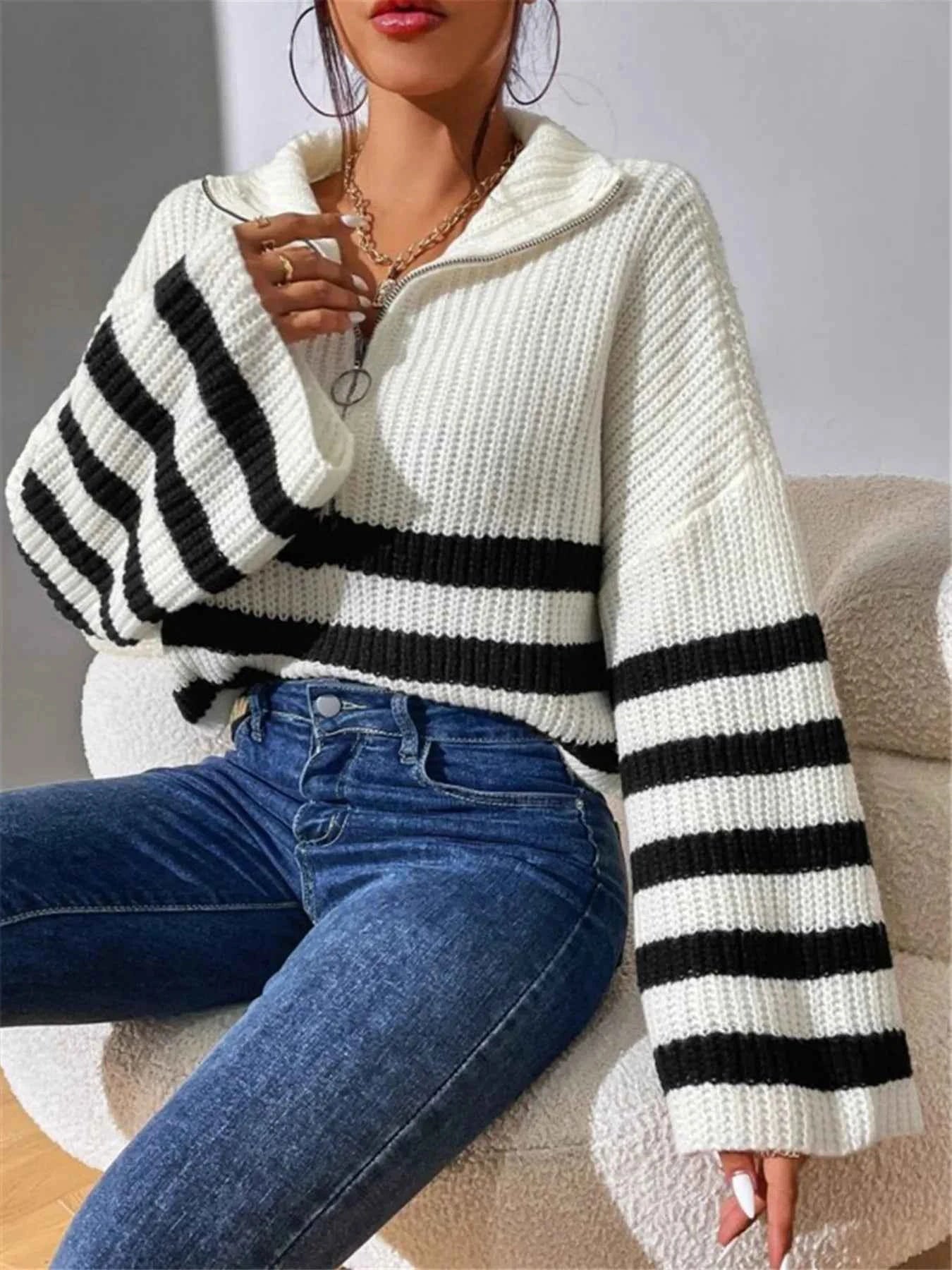 Striped Half Zip Cropped Sweater 6f4cd470f8a44b24b386cb07ef044c3b-Max-Origin