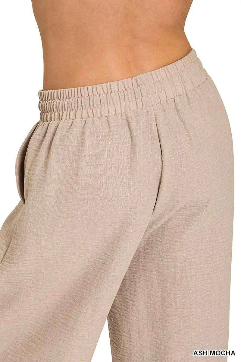 Zenana Woven Crepe Elastic Band Pants 6f6274c3e6164928b8438f3ac5916bac-Max-Origin