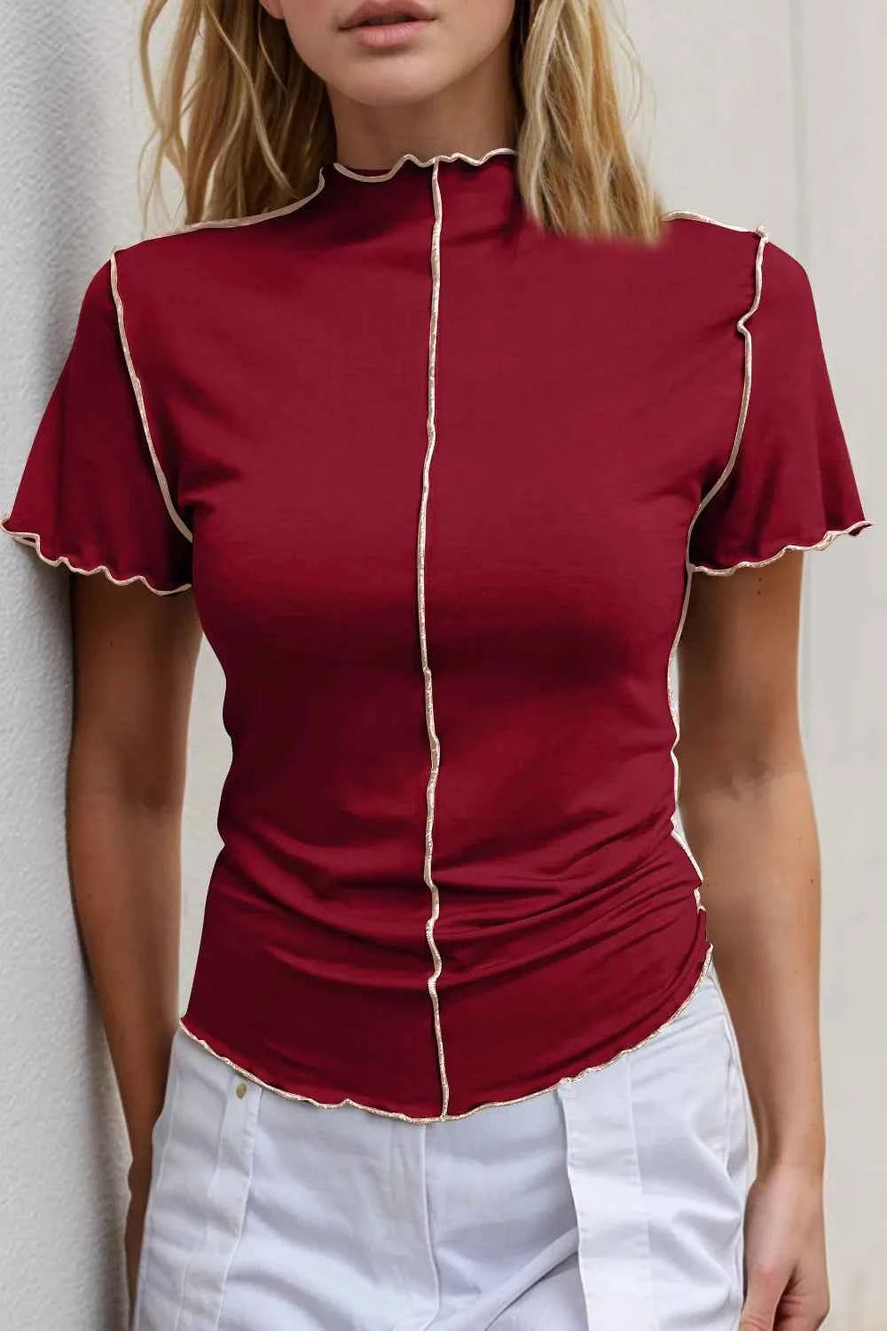 Basic Bae Contrast Trim Mock Neck Short Sleeve T-Shirt Deep Red 6f670428-99ed-45bd-972b-beb0d9a47b0e-Max