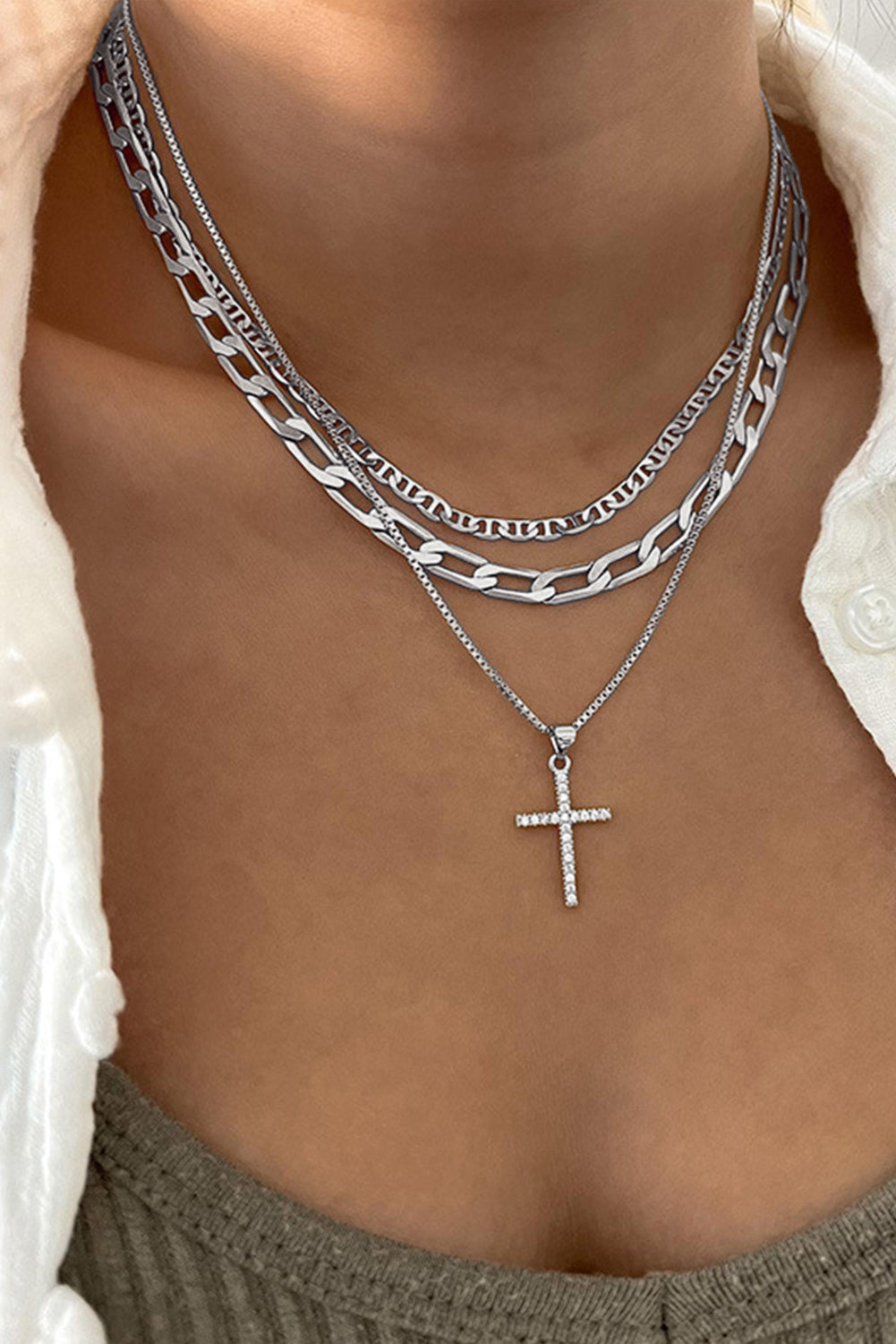 Silvery Rhinestone Cross Pendant Multi Layer Stacked Chain Necklace 6f7d68171067b745