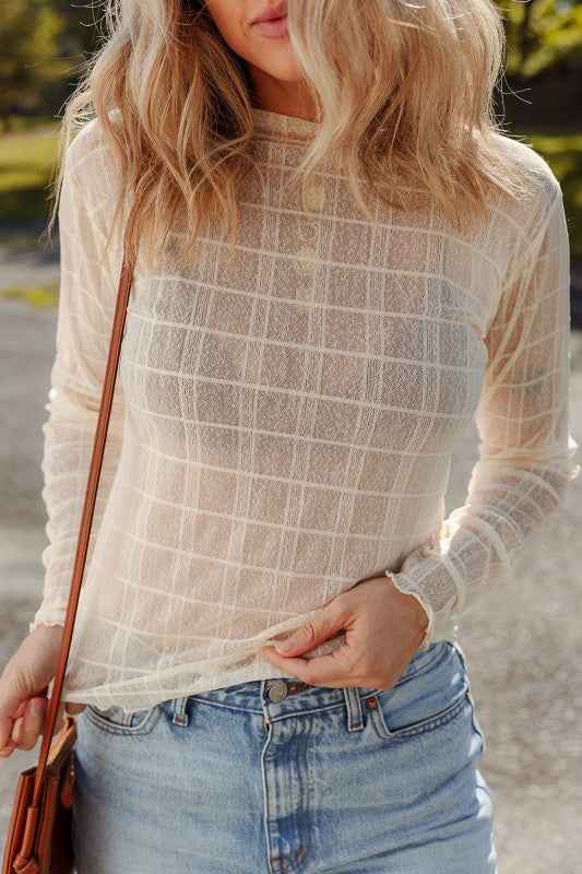Sheer Plaid Mesh Lettuce Trim Long Sleeve Top