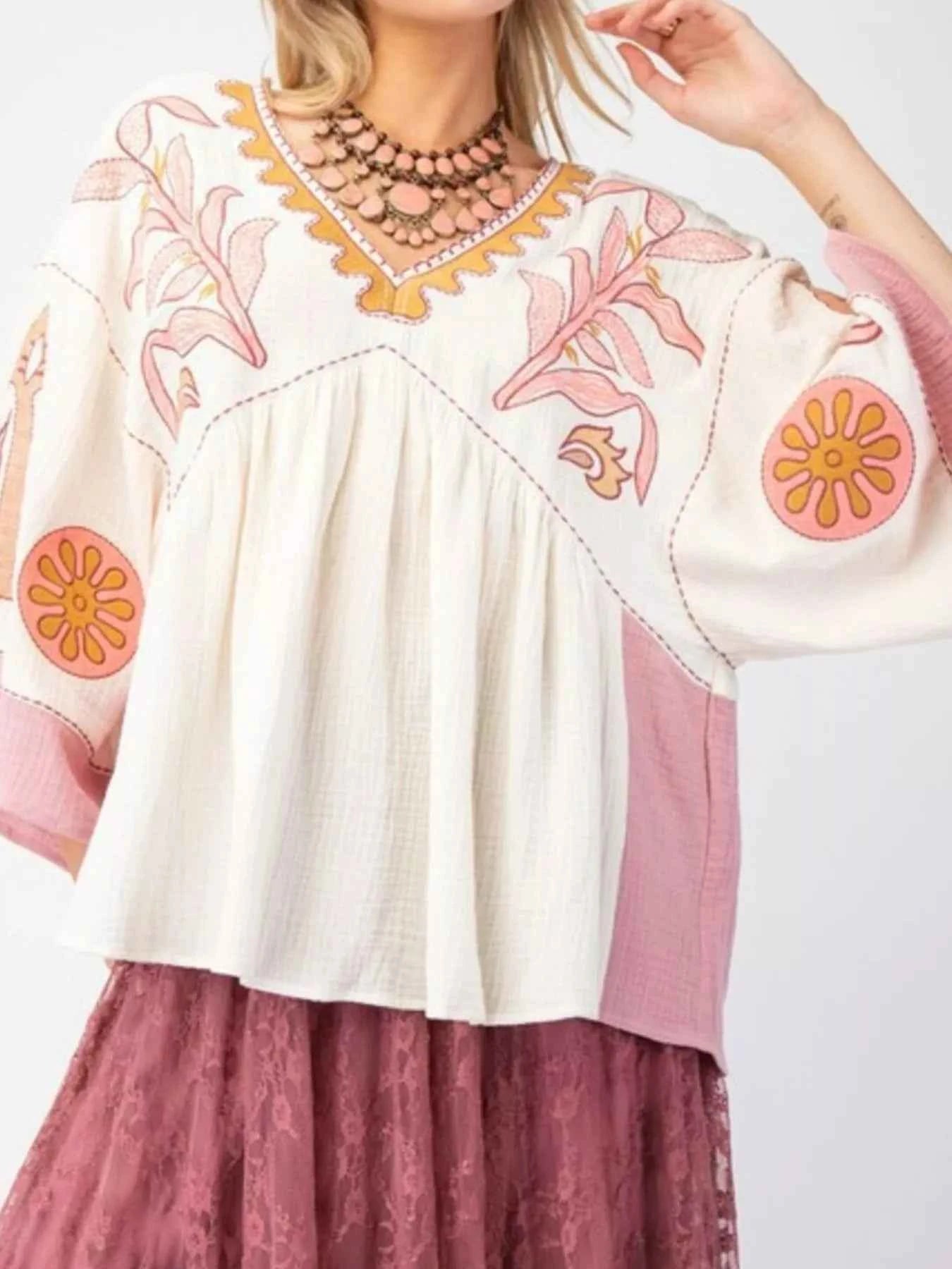Printed V-Neck Top with Contrast Trim Details Apricot And Lavender 6fb38618-41b5-440b-9df2-835eb5294417-Max-Origin