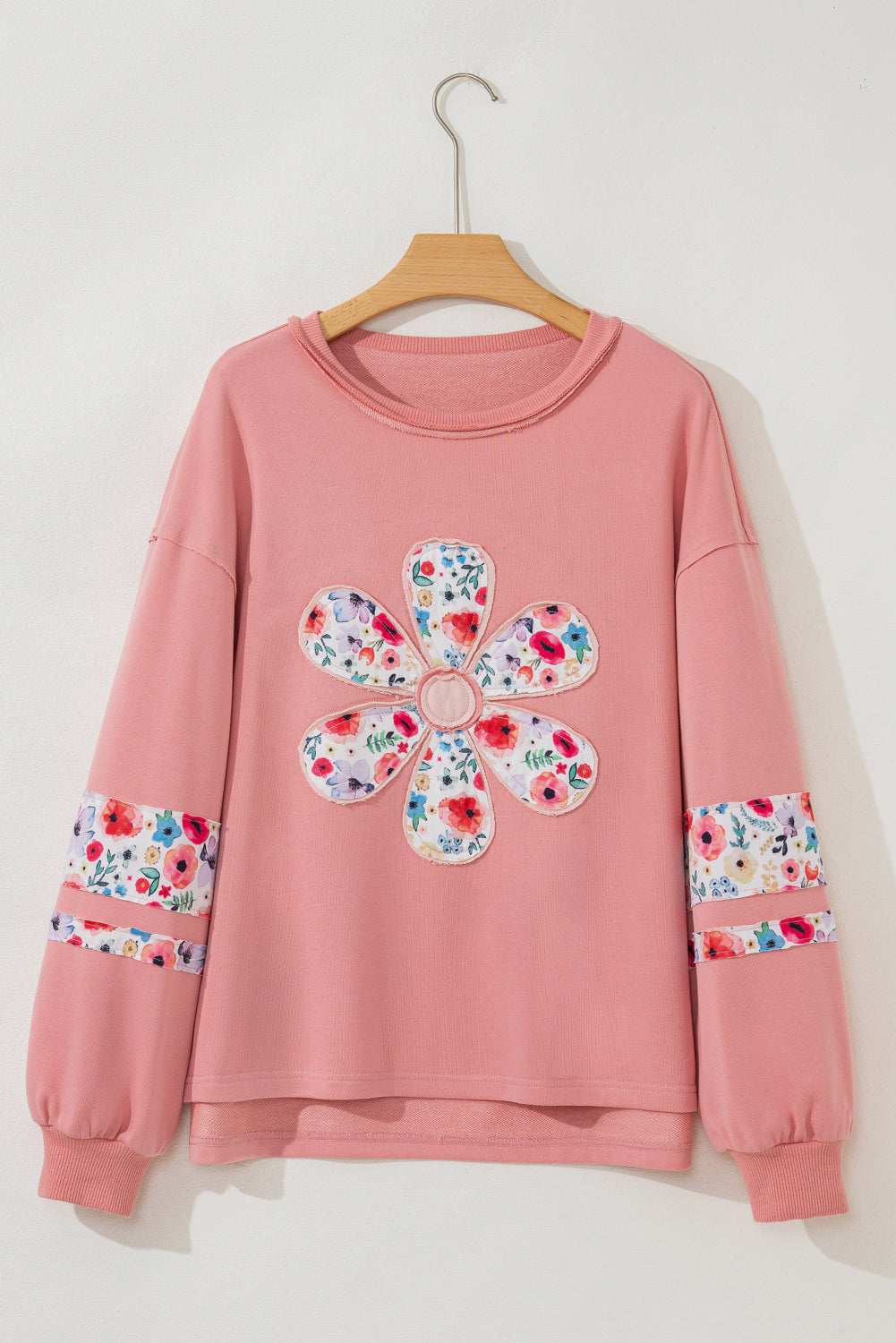 Peach Blossom Flower Applique Patchwork Drop Sleeve Pullover Sweatshirt 6fb9b88ed152d7f9