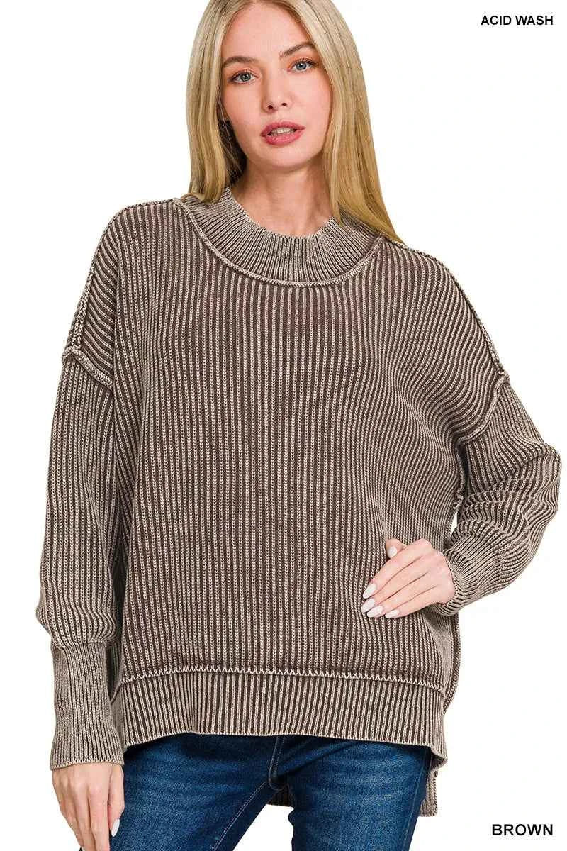 Zenana Washed Side Slit Oversized Sweater BROWN 6fd27113-400e-4d90-82de-7fd96703045d-Max-Origin