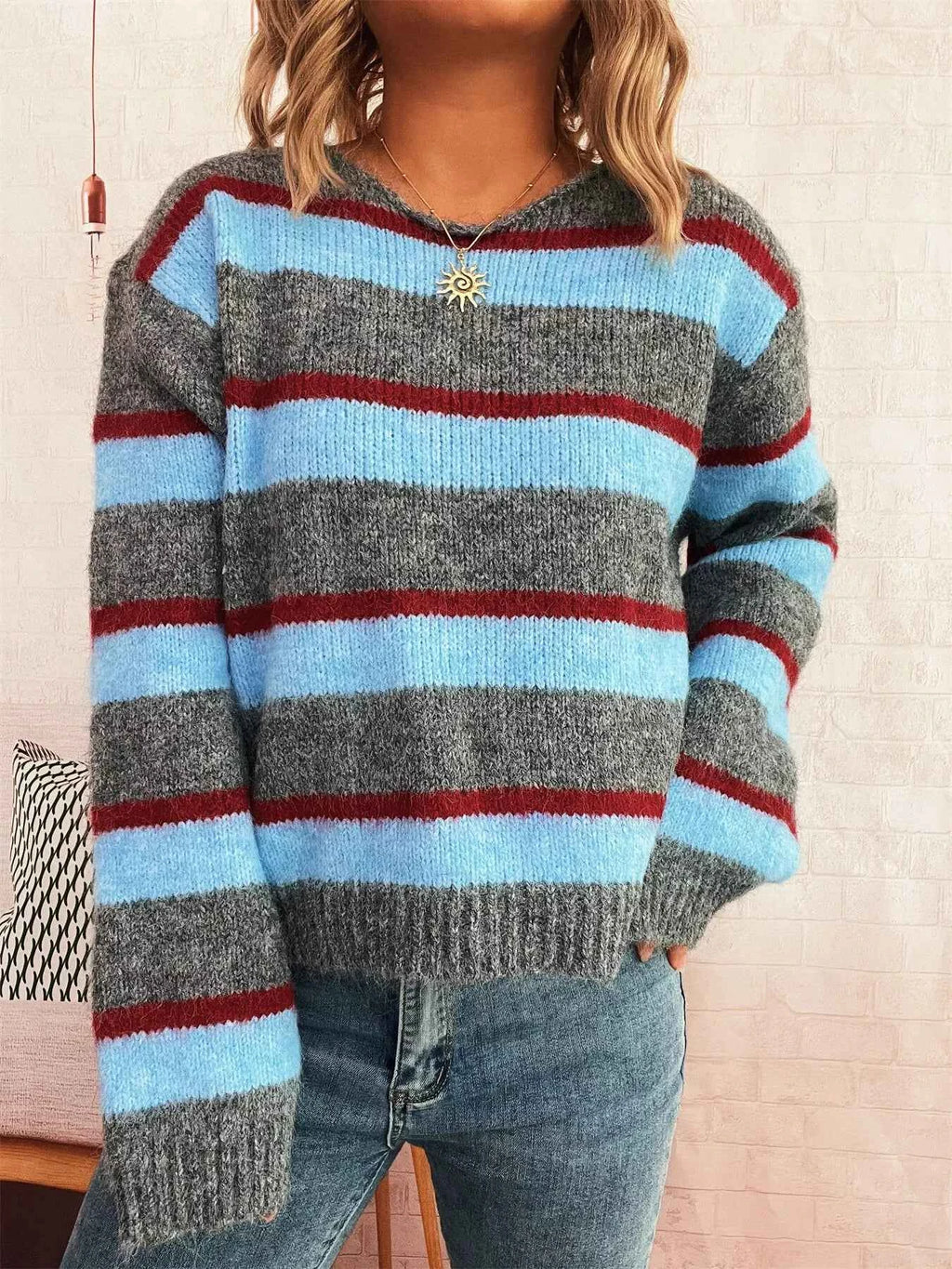 Striped Round Neck Long Sleeve Sweater 6fd90ad96faf437484c667019fa33433-Max-Origin