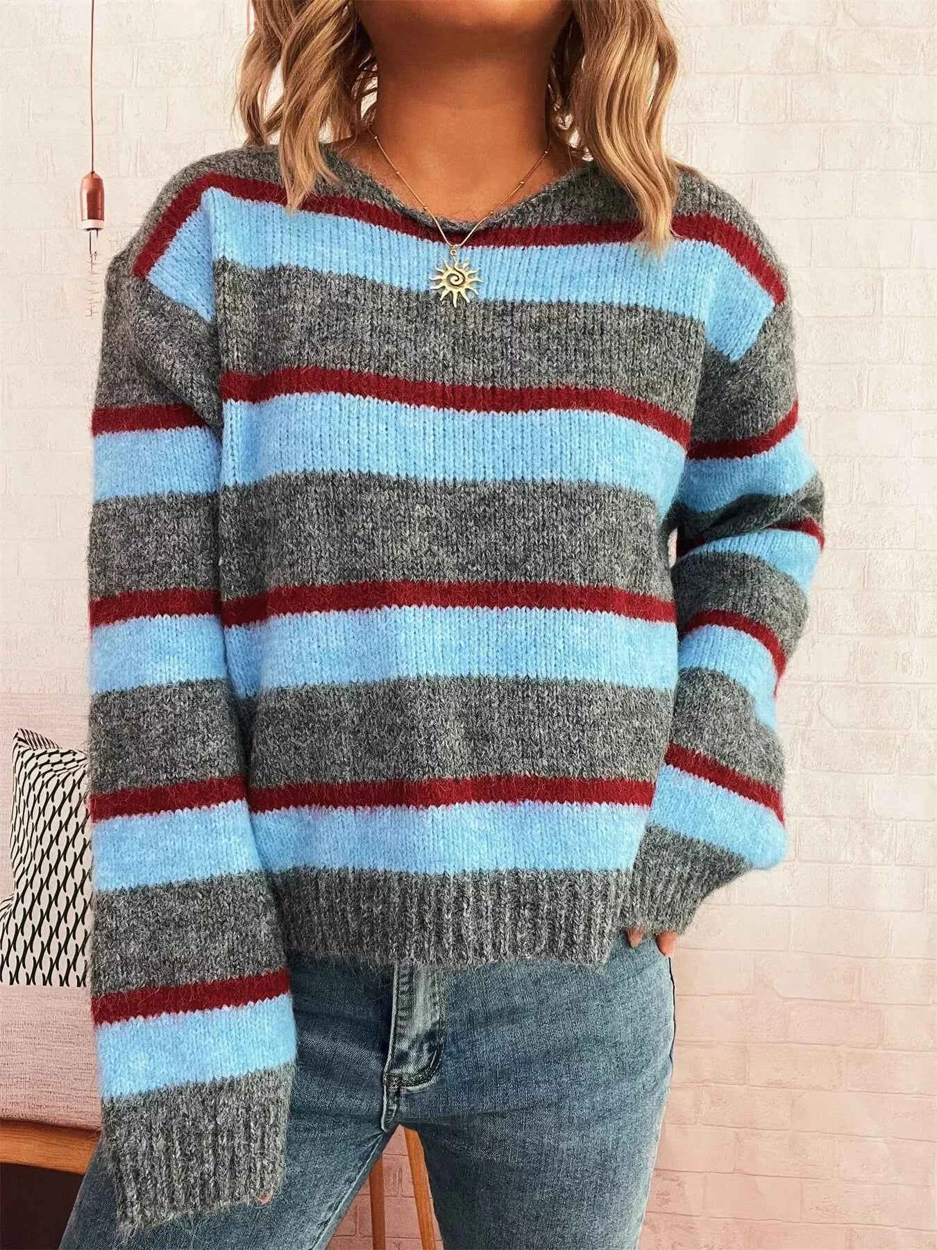 Striped Round Neck Long Sleeve Sweater 6fd90ad96faf437484c667019fa33433-Max-Origin