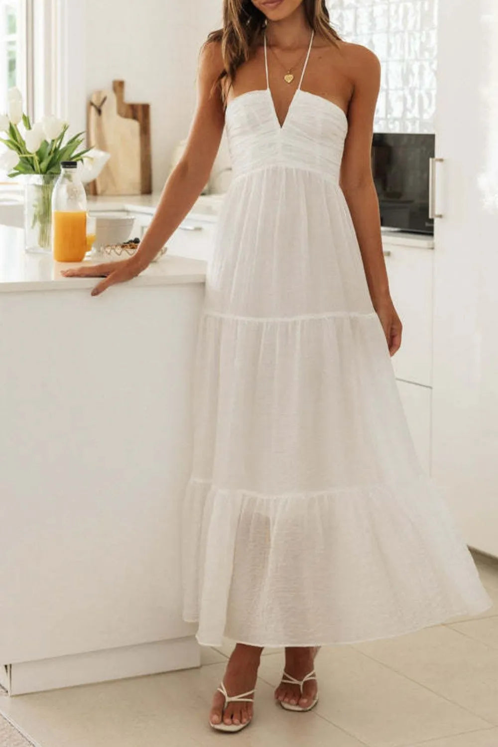 Tiered Halter Neck Printed Cami Dress White 6fdd4e42-828e-4a0e-8953-7ca40a23437b-Max-Origin