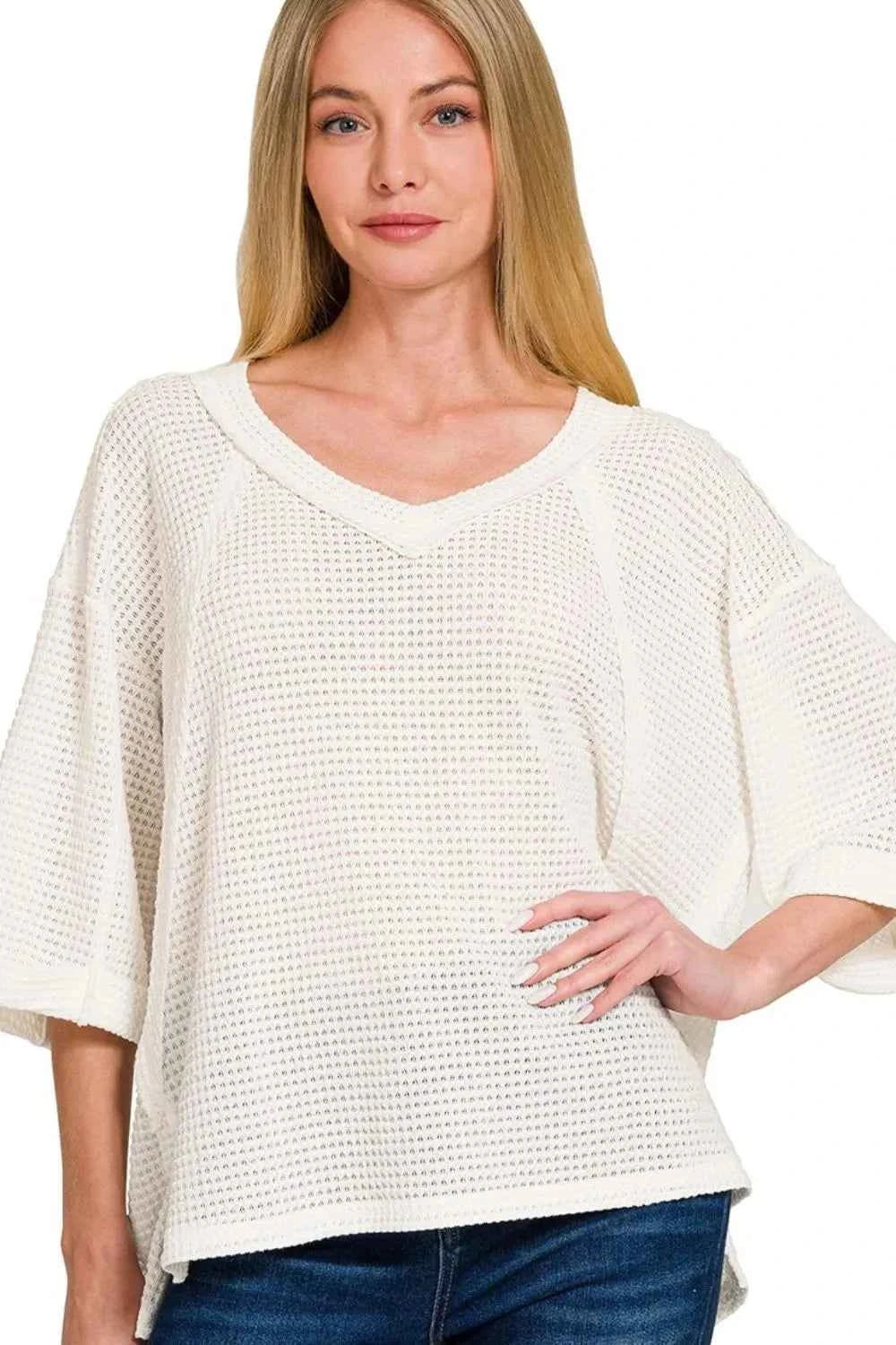 Zenana Brushed Waffle Exposed-seam 3/4 Sleeve Top OFF WHITE 70070c6c-638b-49b3-8e44-bf567d8e2e2a-Max-Origin