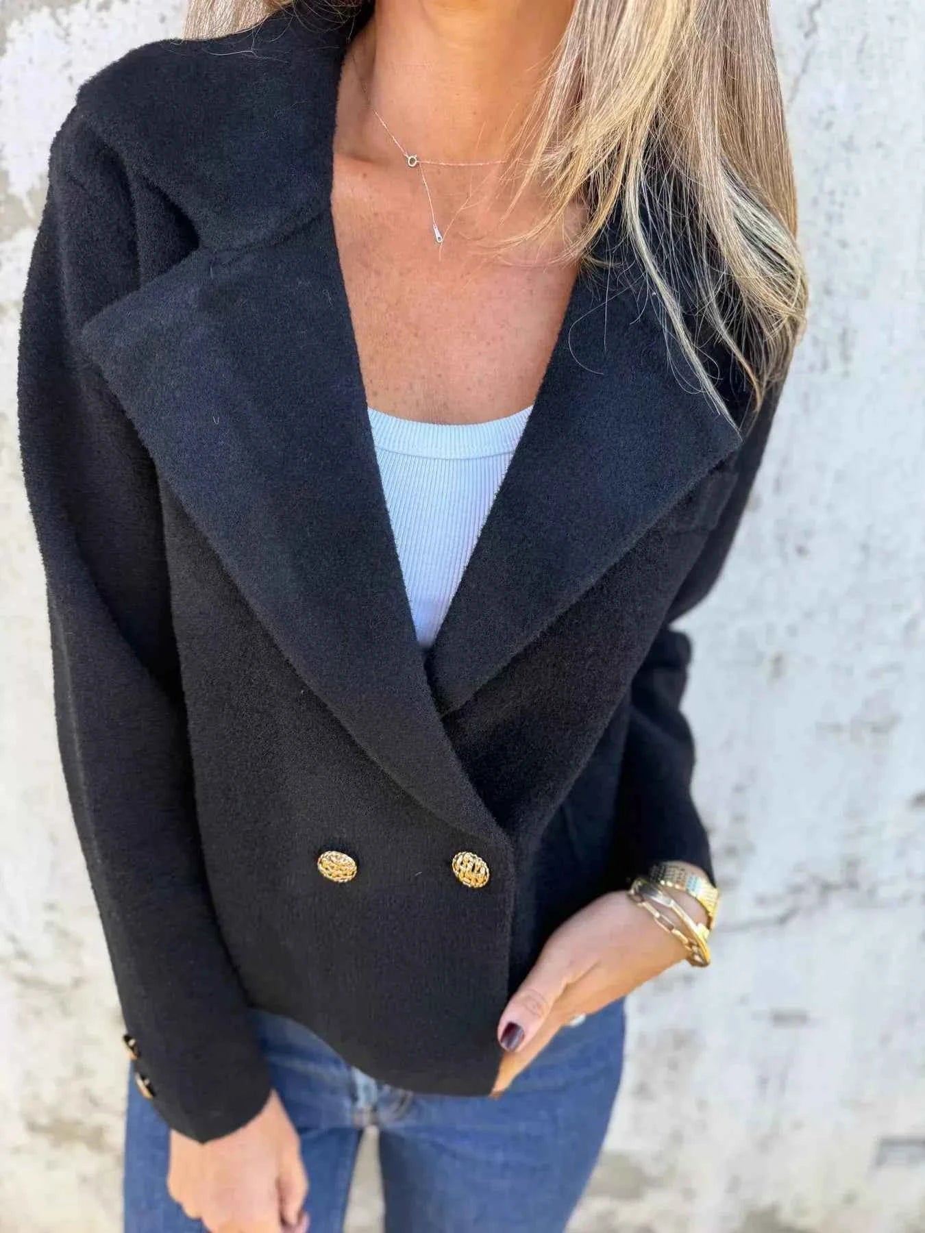 Full Size Double-Breasted Lapel Collar Blazer Plus Size Black 700d7e31a1c945c49debee2441f9bdda-Max-Origin