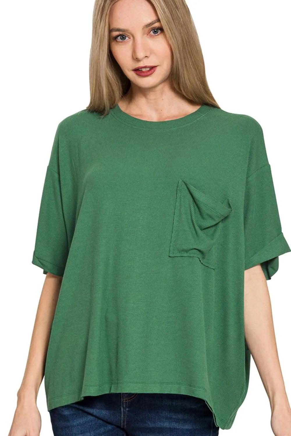 Zenana Oversized Ribbed Round Neck Short Sleeve Tee DK GREEN 7024c5cb-e967-4113-bcd6-5a3a7a5f03c8-Max-Origin