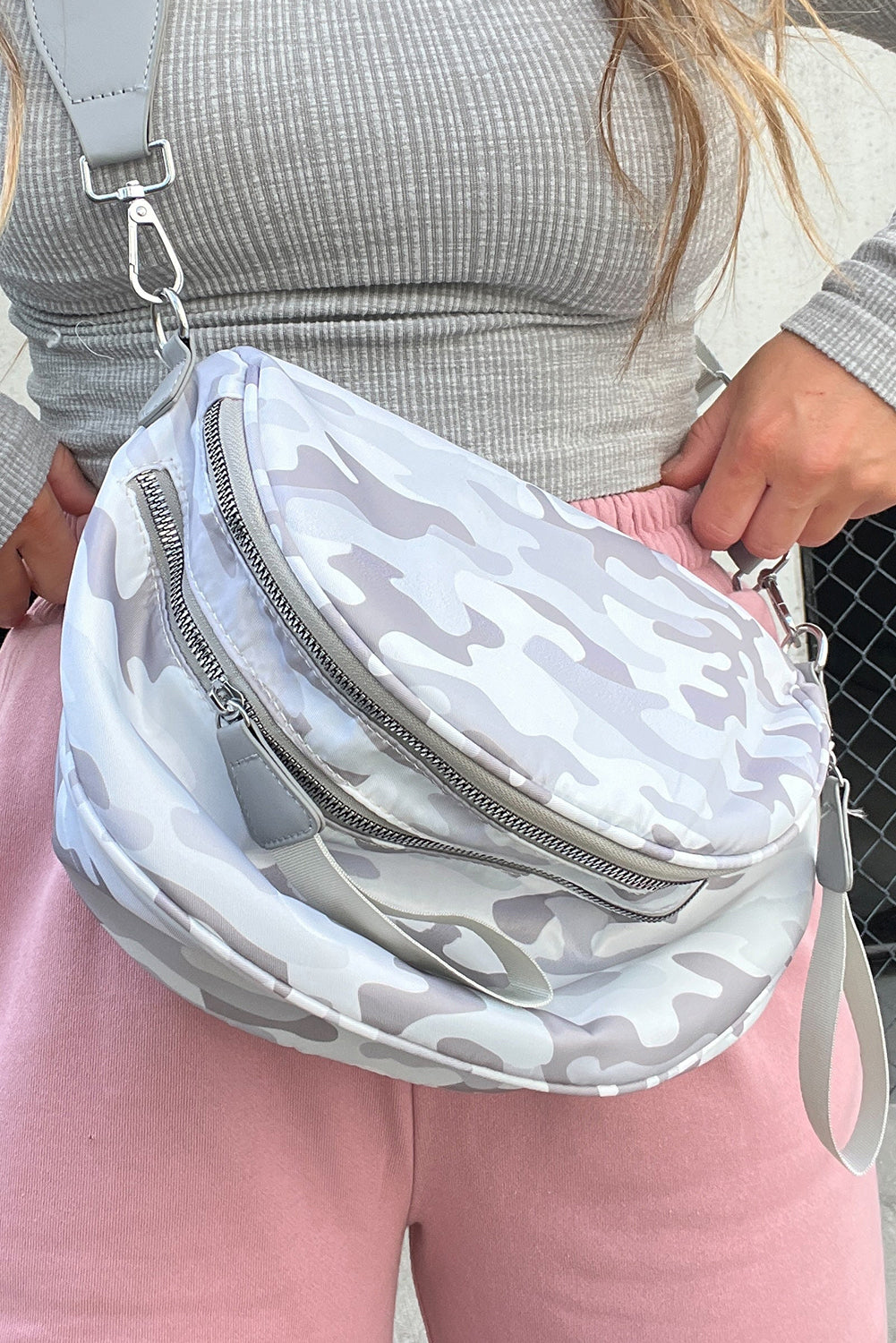 White Camouflage Print Double Zipper Crossbody Bag 7048faa1826cbb6f
