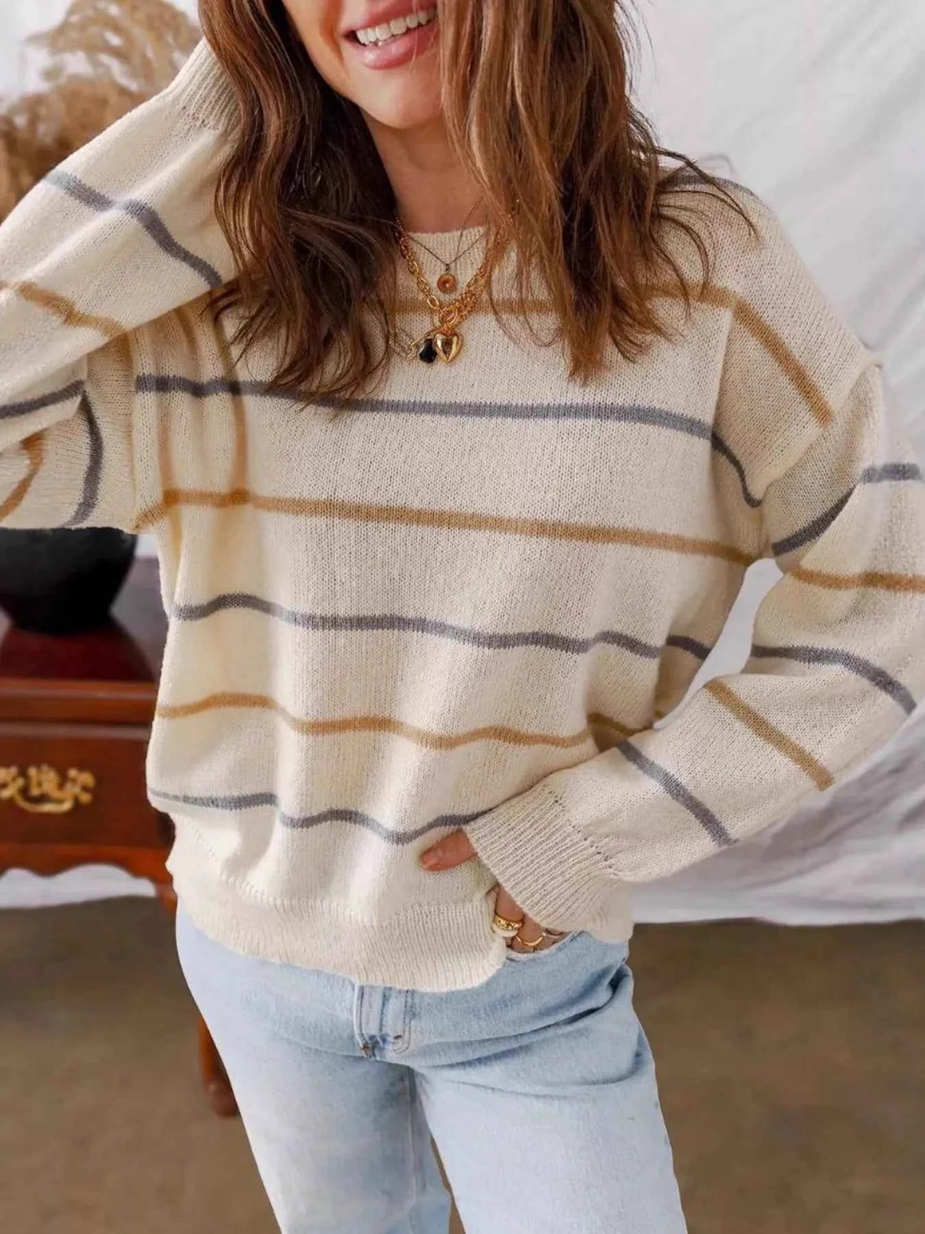 Striped Round Neck Drop Shoulder Sweater 7057c57017df435db6f938ebd83640b4-Max-Origin