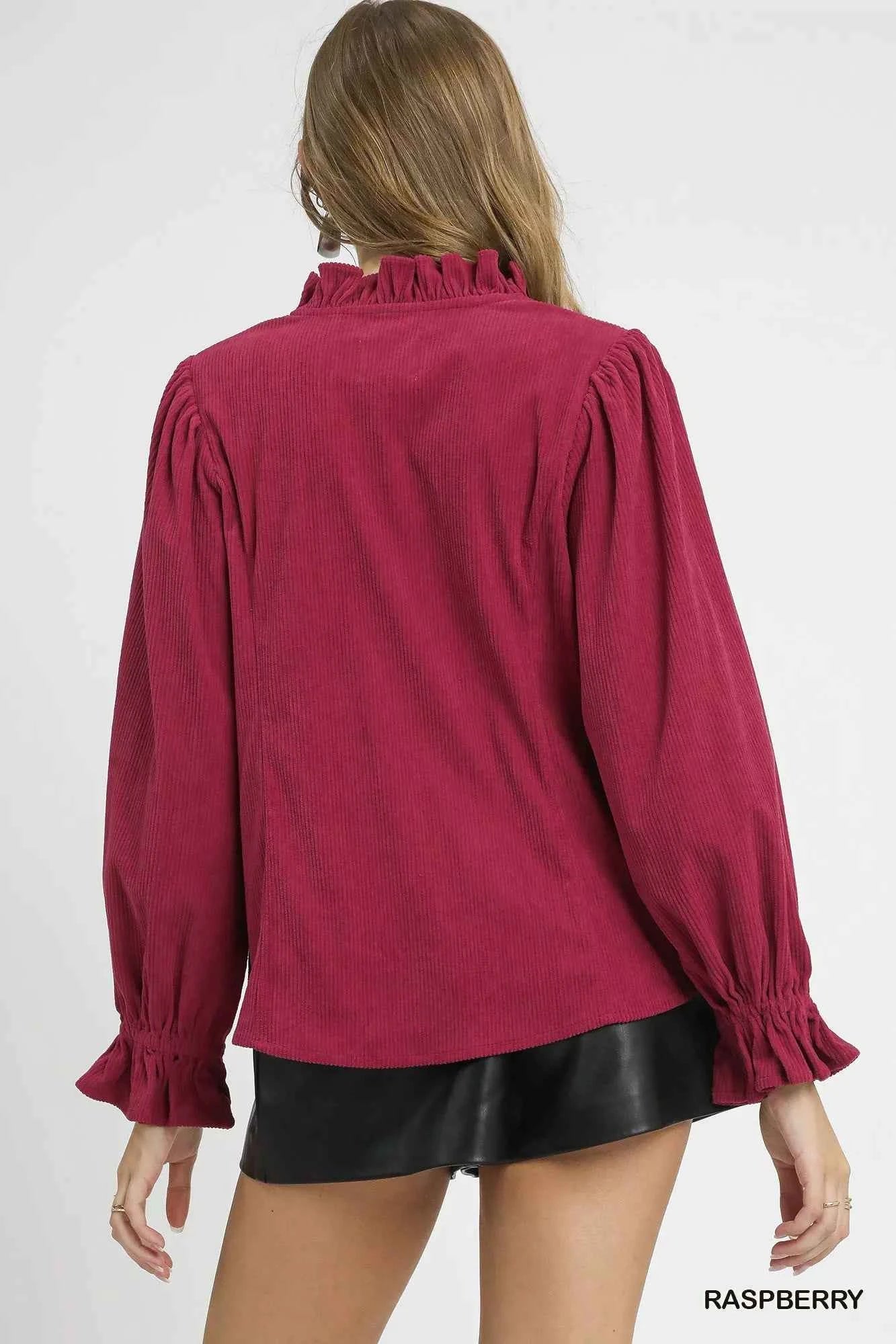 Umgee Corduroy Ruffle Shirt with Long Puff Sleeves 707f4227-34eb-497e-b563-a47869dff7b4-Max-Origin