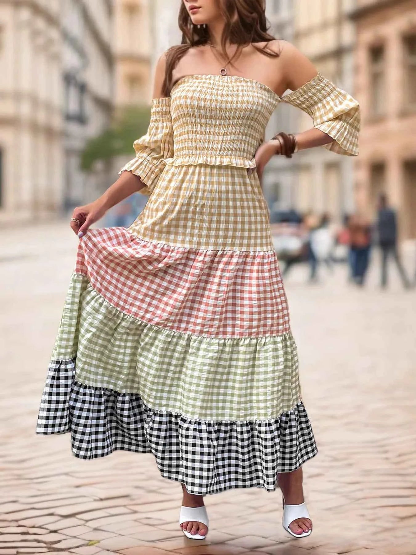 Color Block Plaid Off-Shoulder Maxi Dress 70a1fe41f8c3484f9e0bbecfe8c51bd7-Max-Origin