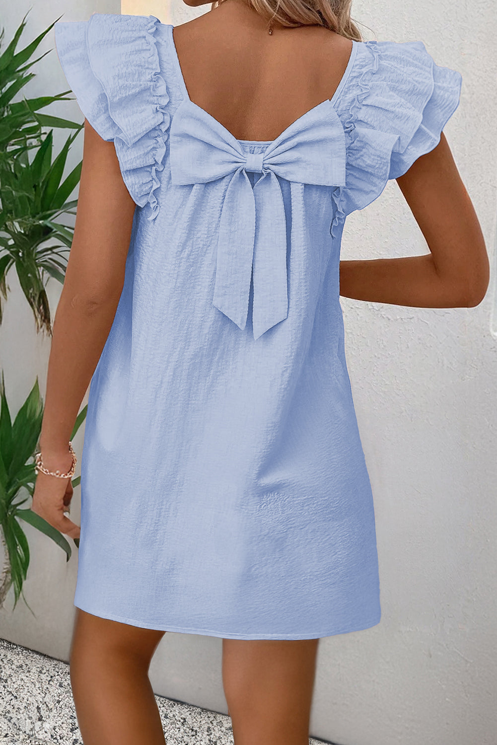 Beau Blue Textured Flutter Sleeve Square Neck Bow Back Mini Dress 70aeb0e668f536ca