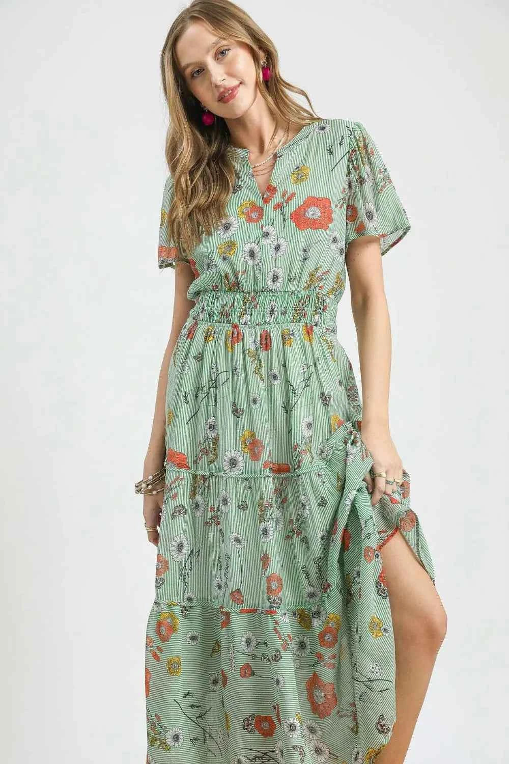 Umgee Smocked Waist Floral Short Sleeve Midi Dress 70bc5a97-a453-4156-b383-e94c081dd992-Max-Origin