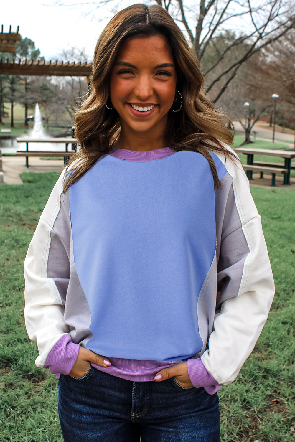 Blue Colorblock Patchwork Round Neck Pullover Sweatshirt 70c0323c2ea318f5