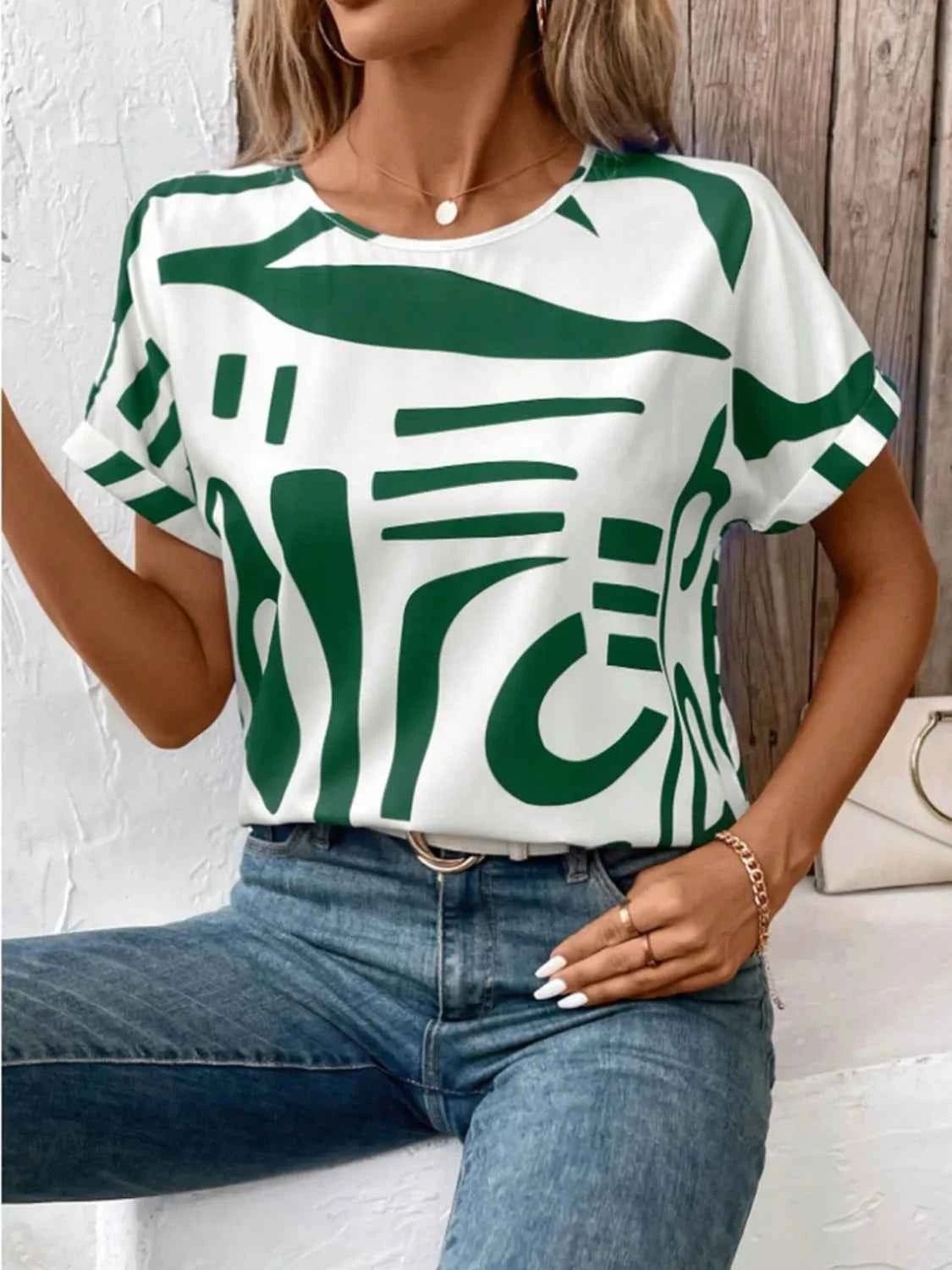 Contrast Round Neck Short Sleeve Blouse Dark Green 70d4ae7f-9a61-4595-ad7a-6ce3a9f0c11c-Max-Origin