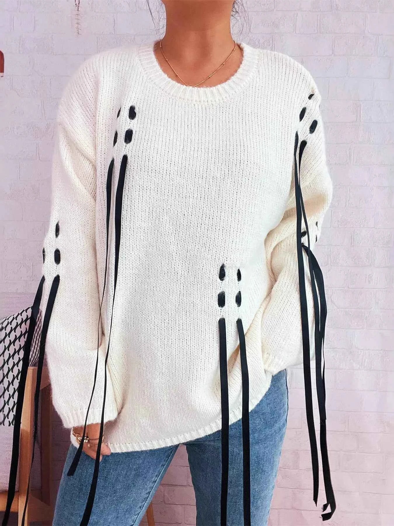 Round Neck Long Sleeve Sweater with Ribbon Details White One Size 70d8f7333e72438baf8ba7b618cb4053-Max-Origin