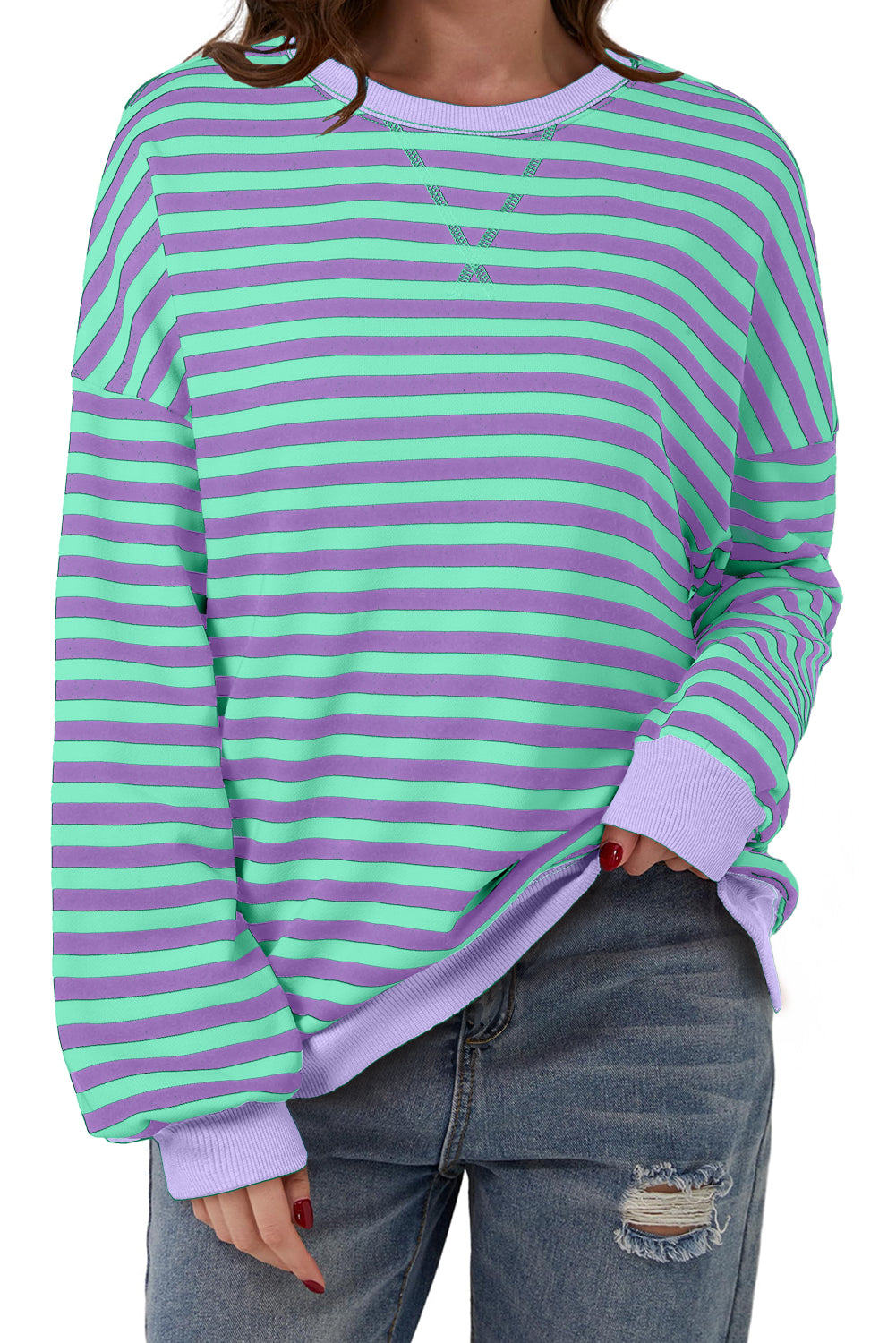 White Striped Contrast Trim Drop Shoulder Sweatshirt 70e74b63d487e59c
