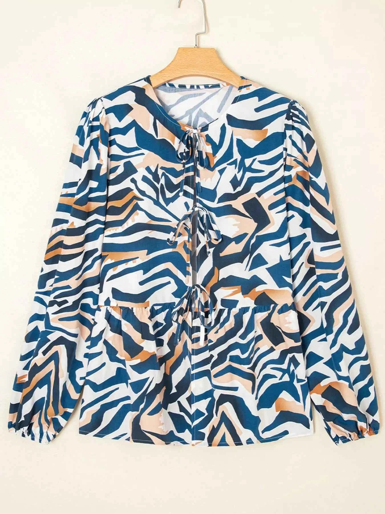 Zebra Print Tied Front Puff Sleeve Top 7122d7b3030d43e4a35517f2ef5c9b84-Max-Origin