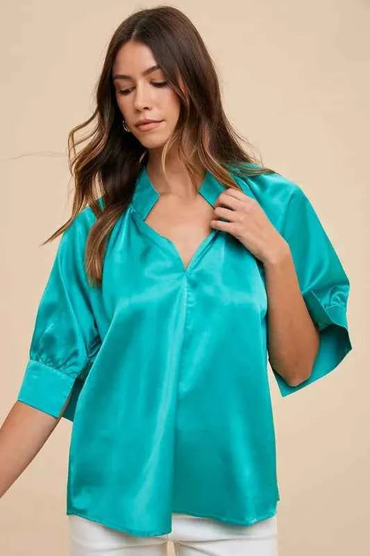 Annie Wear Satin V Neck Open Short Sleeve Woven Blouse Top 712bb7a8fa304a2f8a449e7c9d95a823-Max-Origin