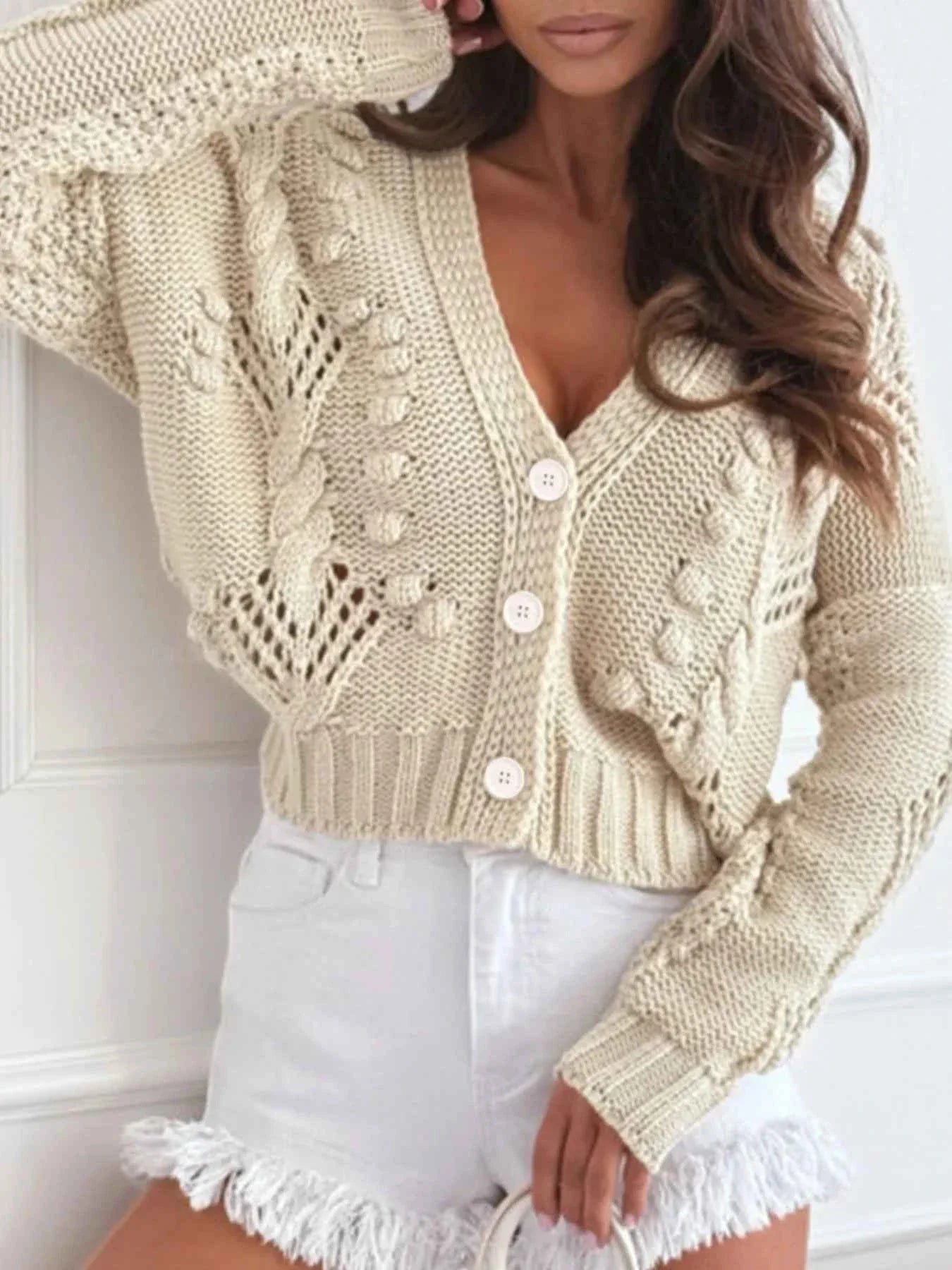 Chunky Cropped Button-Up Sweater Cardigan Beige 71345eab-ebb5-4008-a72d-f79434bbd052-Max-Origin
