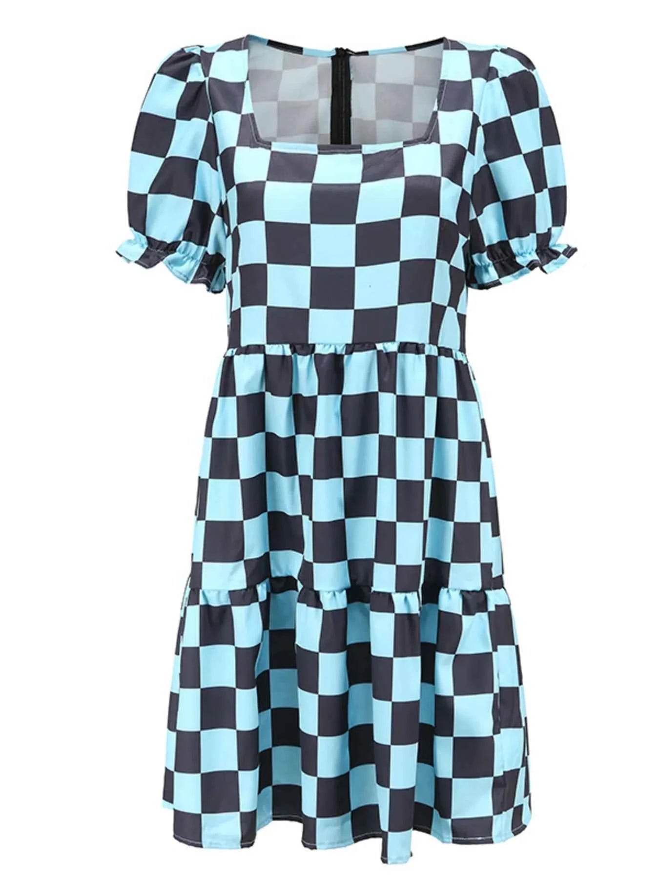 Checkered Short Sleeve Tiered Mini Dress Sky Blue 7150679835b74e1287521117a09bd46d-Max-Origin