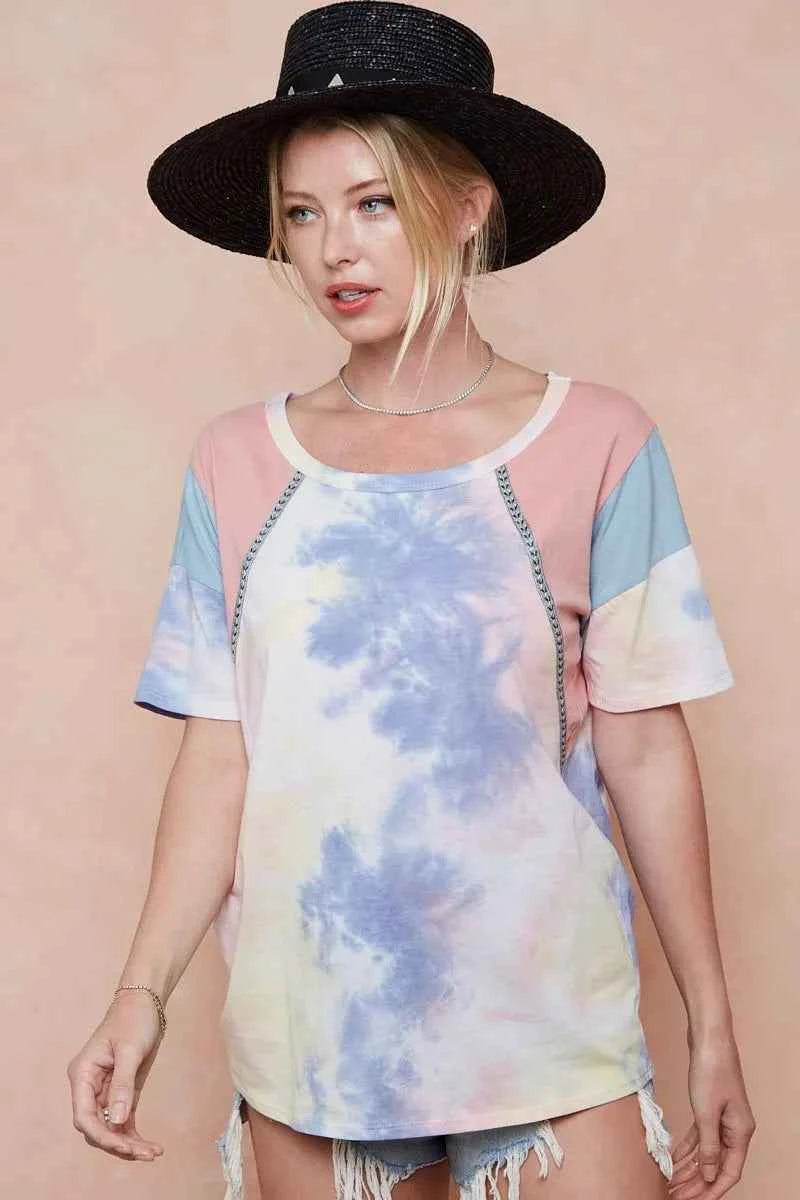 BiBi Tie Dye Printed Cotton Color Block T-Shirt 7156b30219d44d129aed4fae9b8ef9d8-Max-Origin