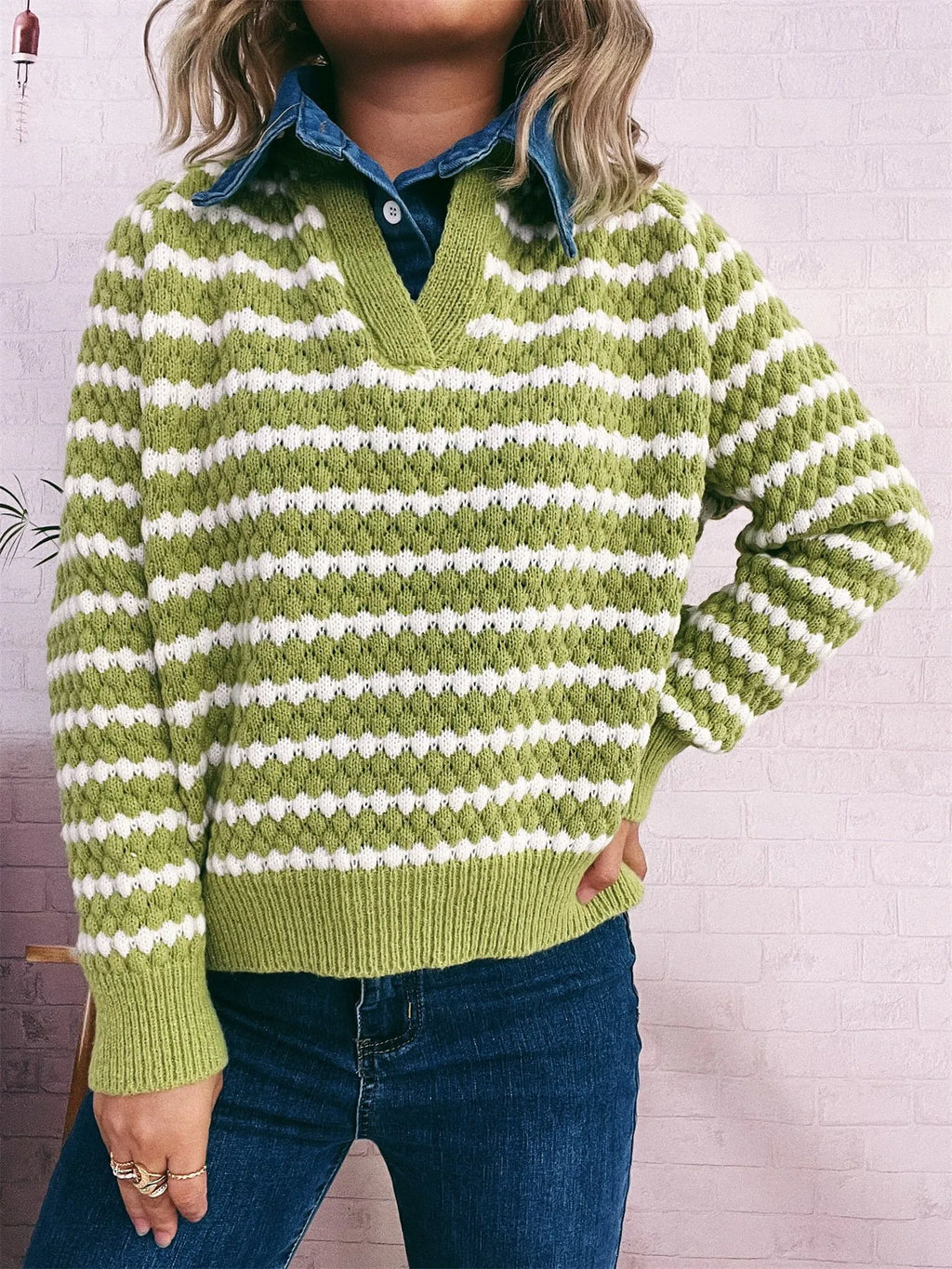 Contrast Striped Sweater with Denim Collar 715b2266-635f-47fa-b8fe-32ed2633cfc1-Max-Origin