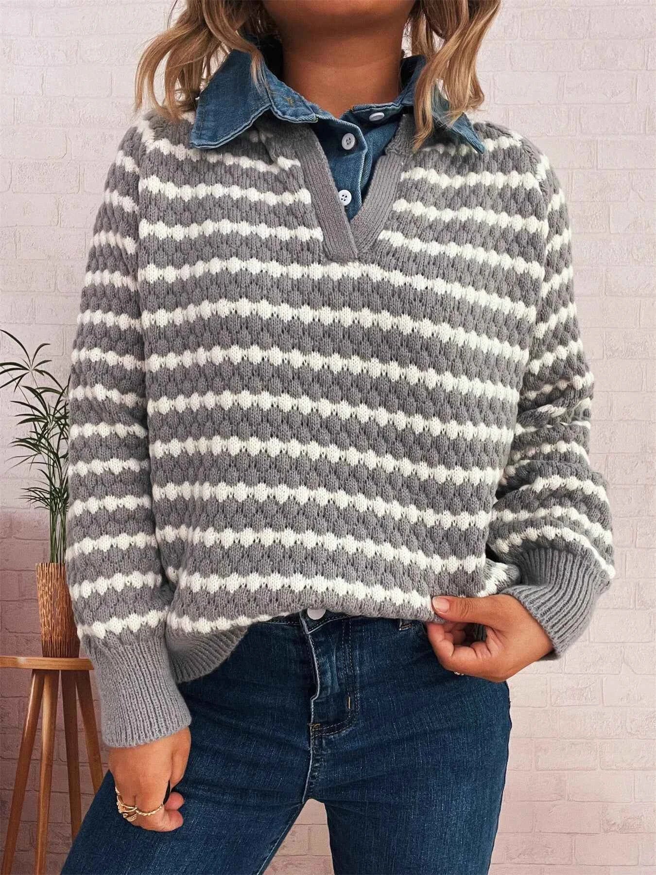 Contrast Striped Sweater with Denim Collar Gray One Size 71723f5e5bd049b3bf5f485be7728697-Max-Origin