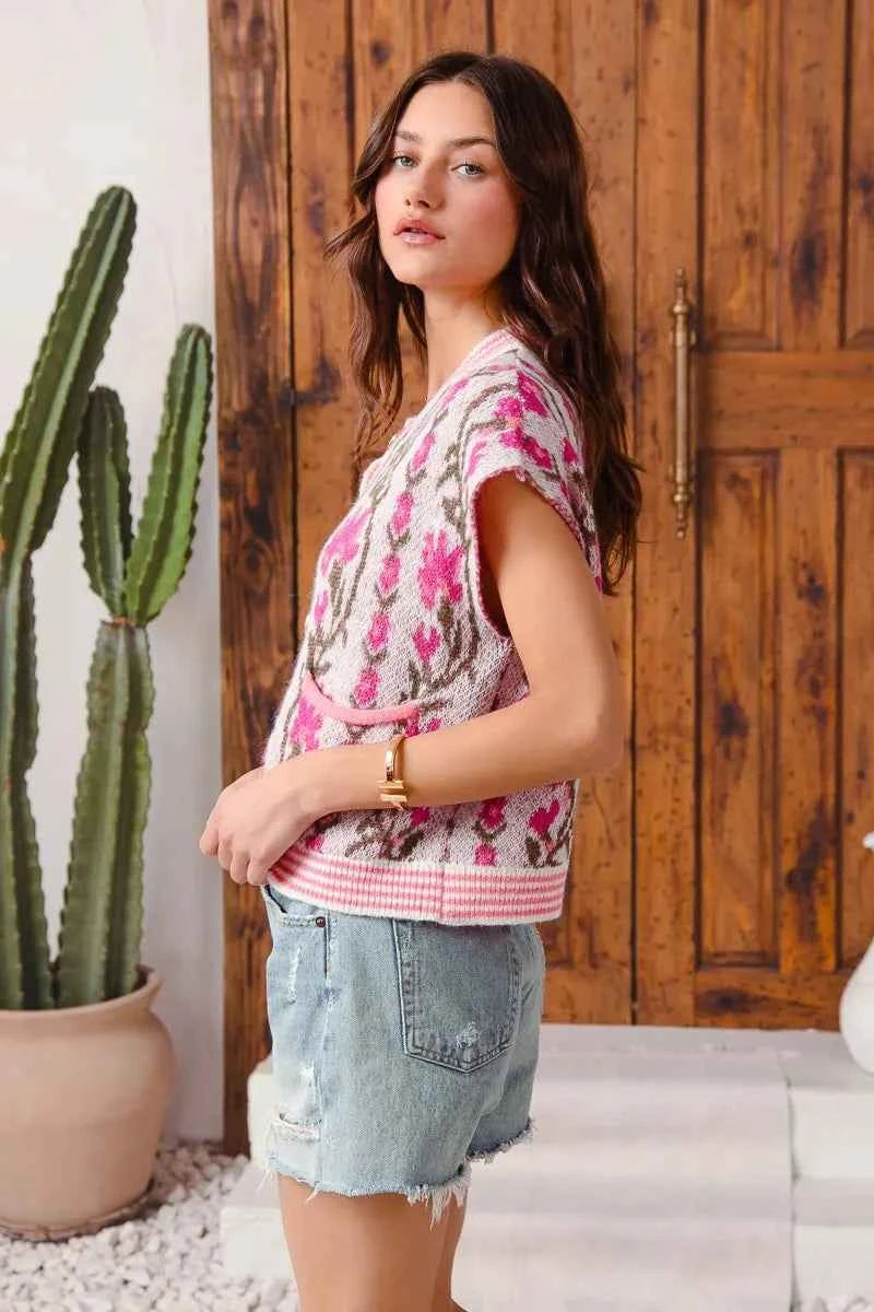SO ME Button Front Floral and Stripe Knitted Sweater Vest 71758241d1db47589a212367a3d63677-Max-Origin