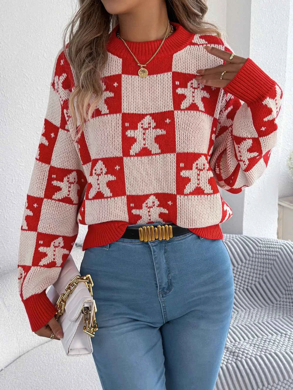 Christmas Checkerboard Gingerbread Round Neck Sweater 71a9d4f3-de39-4a9b-9495-545d4077d03a-Max-Origin