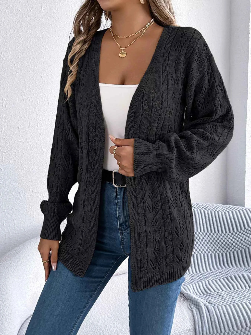 Openwork Open Front Long Sleeve Cardigan 71c734c6242440d394ab90abb425f274-Max-Origin