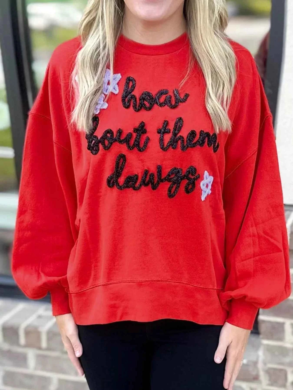 Letter Round Neck Dropped Shoulder Sweatshirt Scarlet 71cb5255-ff74-45d0-94d6-f6160c03e7a4-Max-Origin