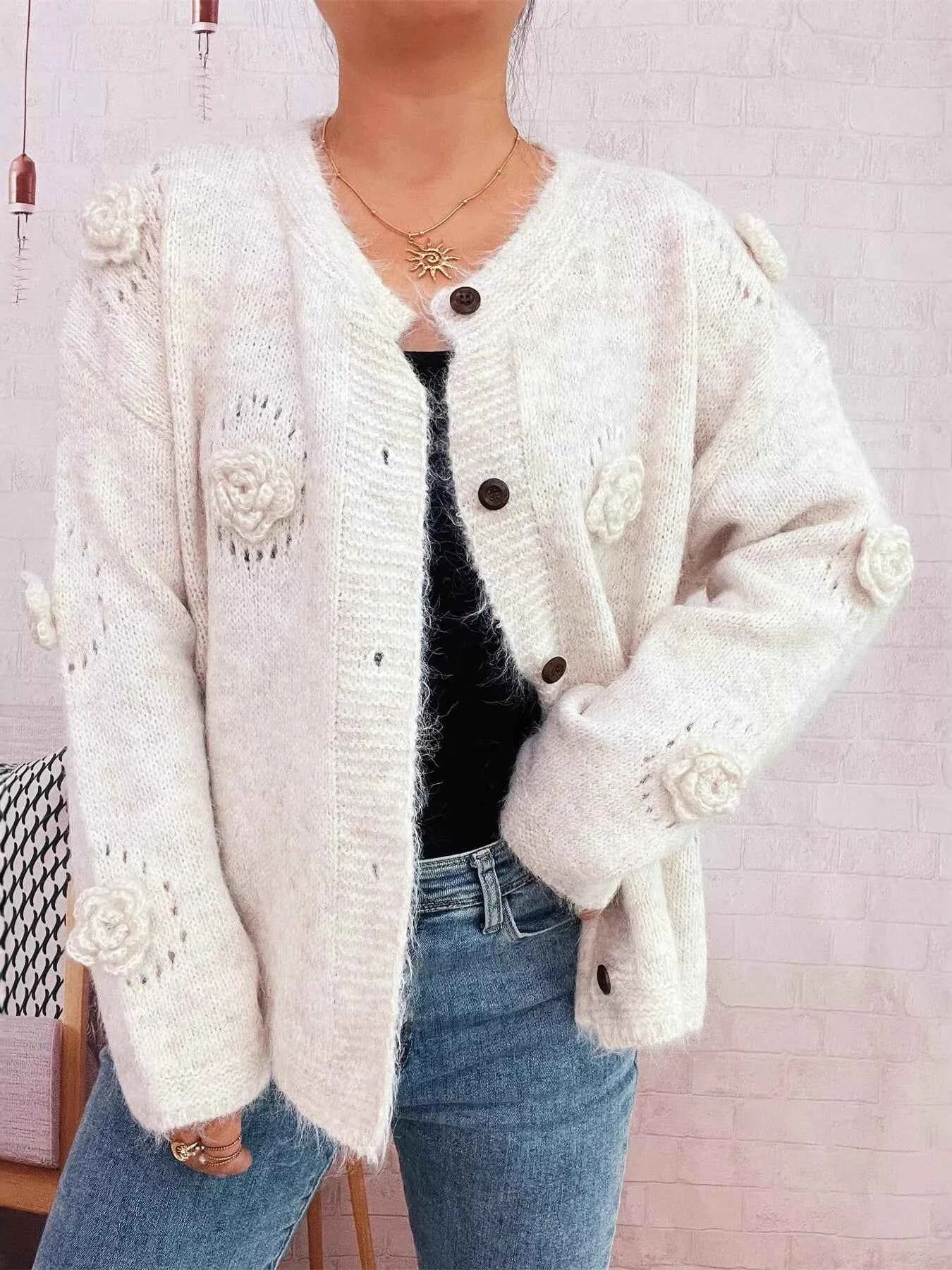 Flower Button-Up Cardigan Beige One Size 71cba366f3dd4eb99e91d671df6eb374-Max-Origin