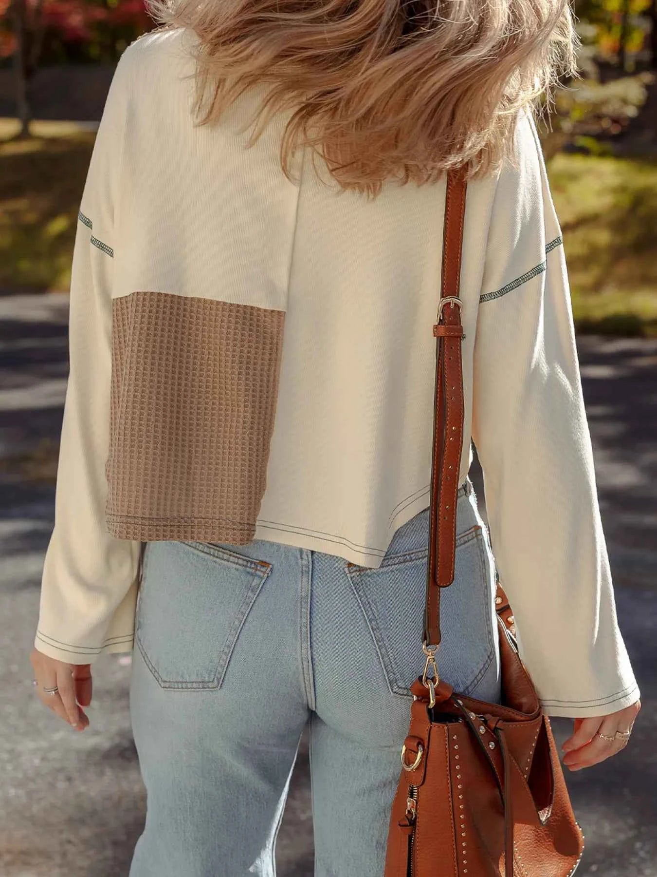 Color Block Waffle Knit Stitch Detail Long Sleeve Top 71df0ee5981f4a40a19d0dae01381820-Max-Origin