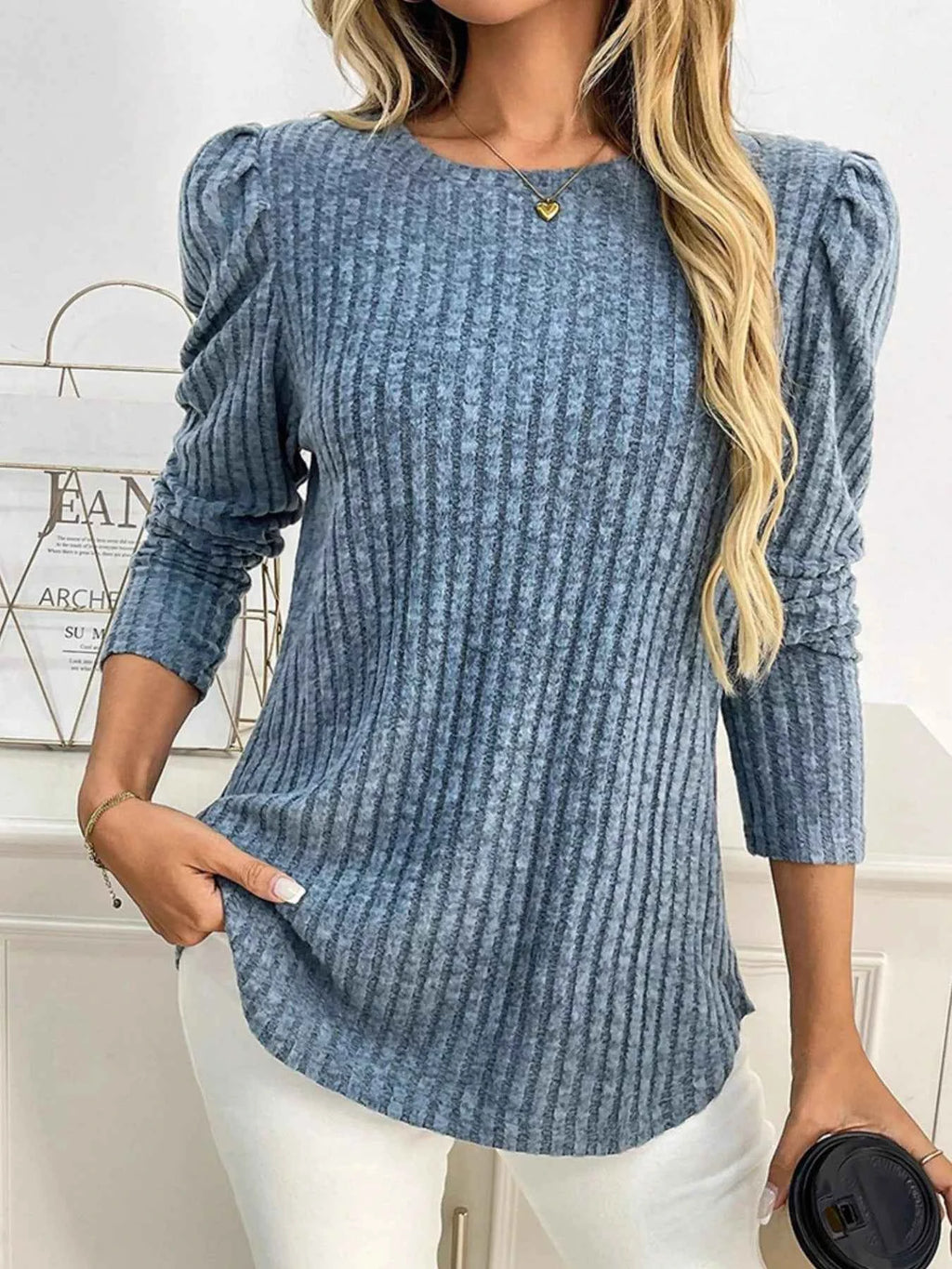Round Neck Puff Sleeve T-Shirt Gray 71e15ec0-563c-4e95-8234-ffa66630527d-Max-Origin