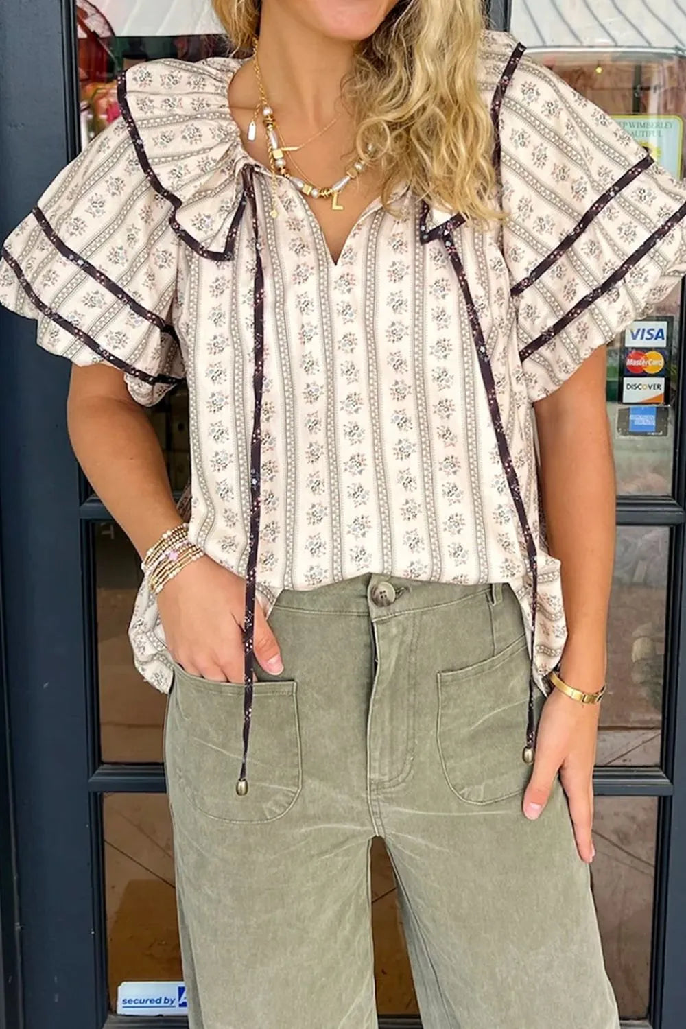 Floral Ruffled Collar Short Puff Sleeve Printed Blouse Floral 71e8d831-f121-47f2-b6c8-1a8934052e0f-Max-Origin