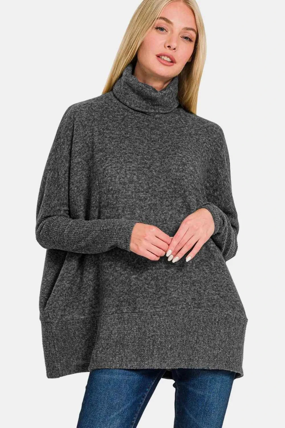 Zenana Full Size Brushed Melange Hacci Turtleneck Sweater Black 71f2fa19-c596-48ec-be9e-26c00ff2dd8f-Max