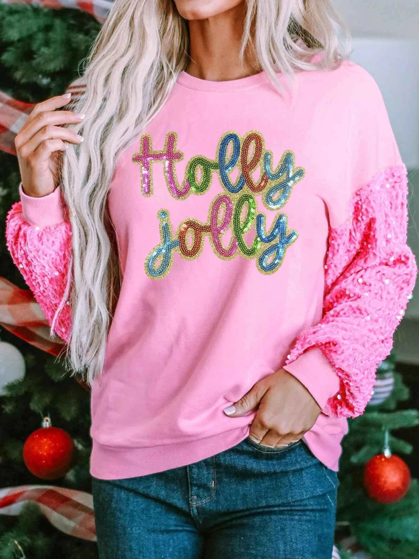Holly Jolly Sequin Letter Drop Shoulder Long Sleeve Top 71f96549-161f-4b1b-8008-30383eec02d4-Max-Origin