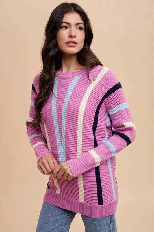 Annie Wear Chevron Stripe Round Neck Ribbed Sweater 71fad448-b860-410b-9675-3f23fe8a15d4-Max