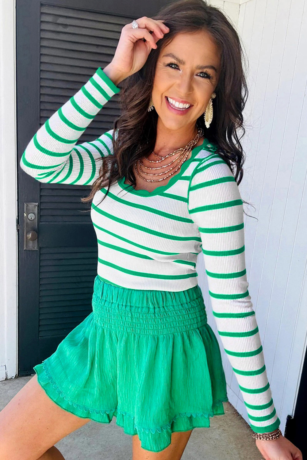 Bright Green Scalloped Edge Striped Long Sleeve Sweater 721a9804384ec712