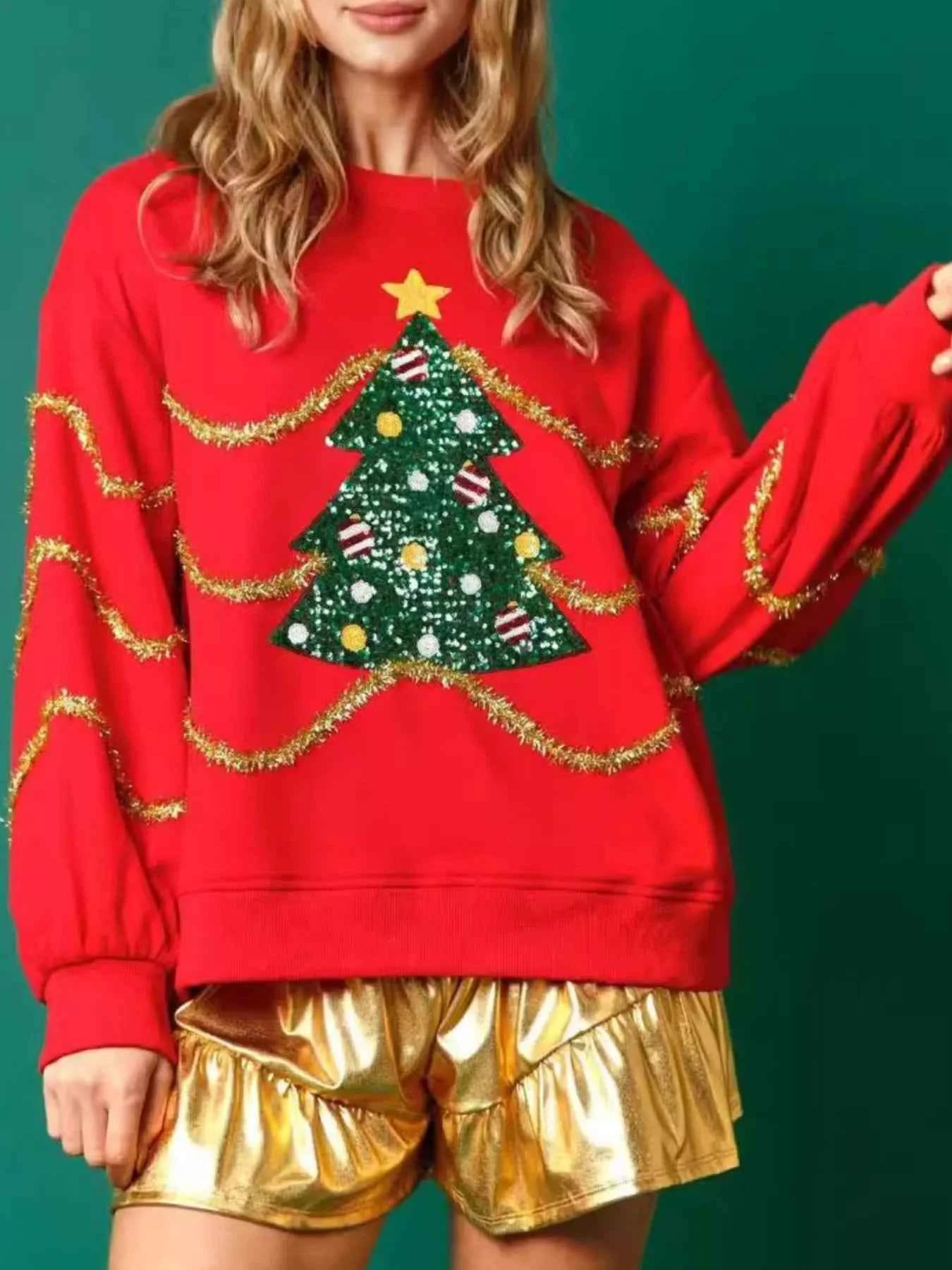 Christmas Tree Round Neck Sweatshirt Red 721bdc03-7d22-4d27-8609-a40f02292ed0-Max-Origin
